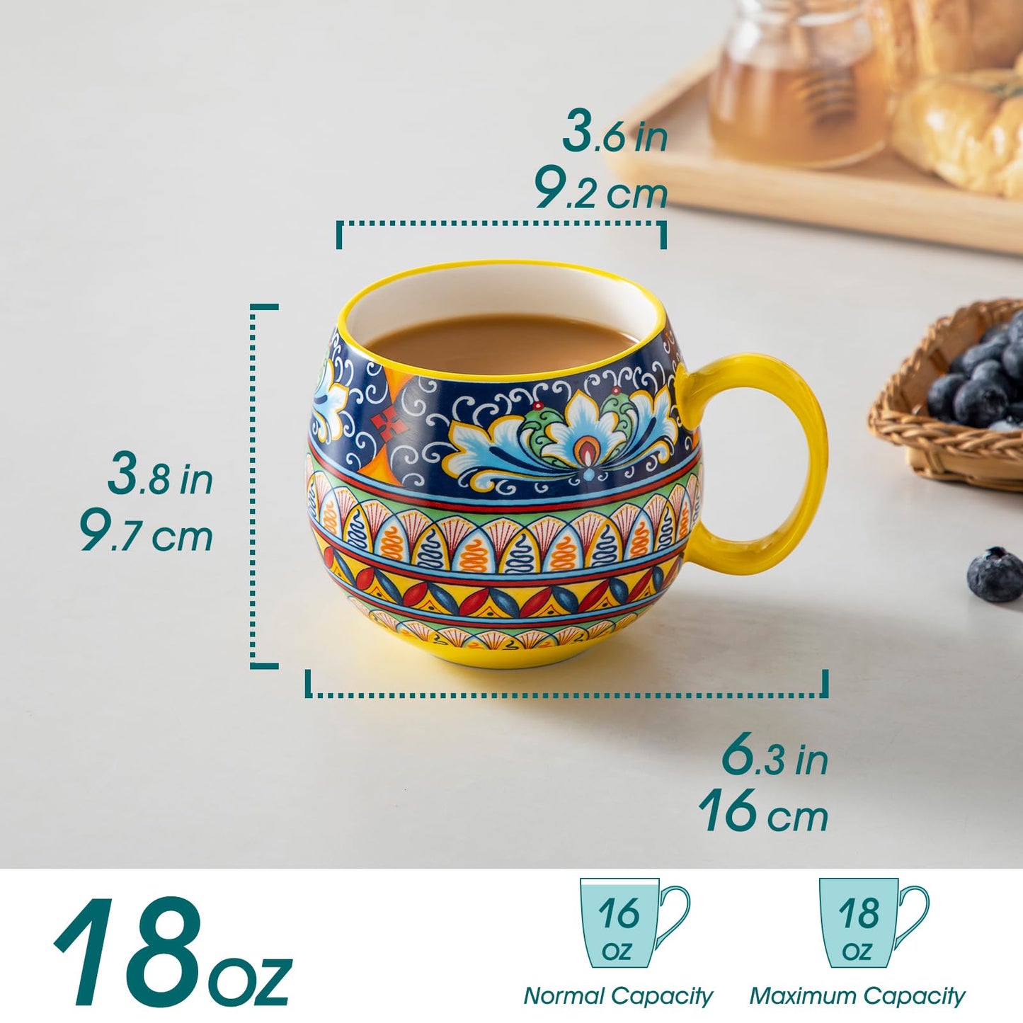 vancasso Coffee Mugs Set of 6, Coffee Cups Ceramic 18oz, Porcelain Coffee Mugs for Cappuccino, Latte, Espresso, Colorful Coffee Mugs with Handle, Rounded Boho Mugs, Microwave & Dishwasher Safe