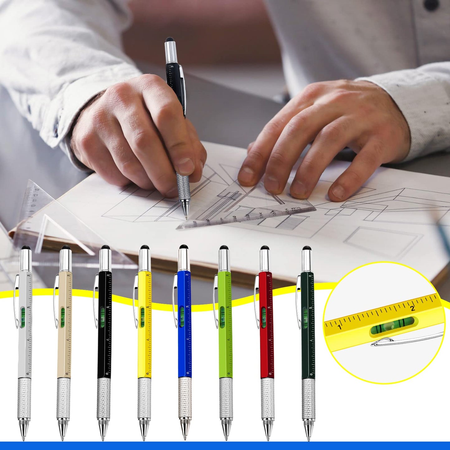 Zhanmai 72 Pcs Father's Day Bulk Gift 6 in 1 Screwdriver Tool Pen Multitool Tool Pens for Party Favor Father's Gift for Adult Level Gauge Ballpoint Pen Stylus Screwdriver (Multicolor)