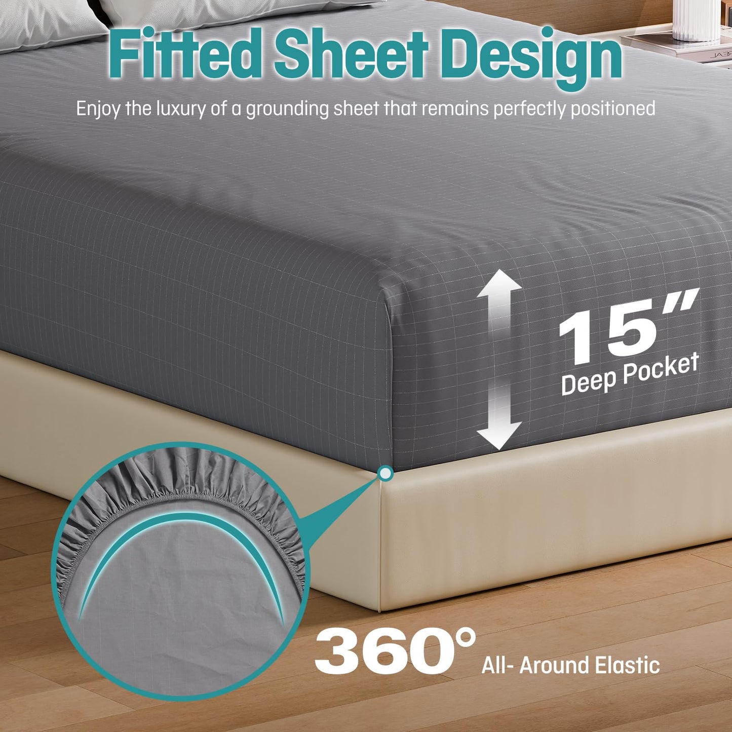 Grounding Fitted Sheets Full Size, Grounding Sheets Full with 10% Silver Fiber, 15'' Deep Pocket Grounded Fitted Bed Sheets for Better Sleep & Wellness, 54"x75"x15", Gray