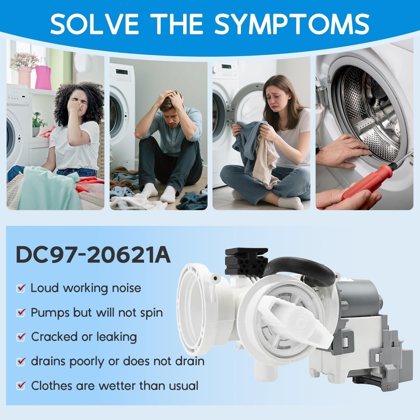 Upgraded DC97-20621A DC97-20621C (OEM) Washer Drain Pump Assembly for Samsung, for WF46DBH500AWA5 WF45R6300AW/US WF45R6100AP/US WF50BG8300AVUS WF45B6300AC/US WF45B6300AP/US for Samsung Washer Parts