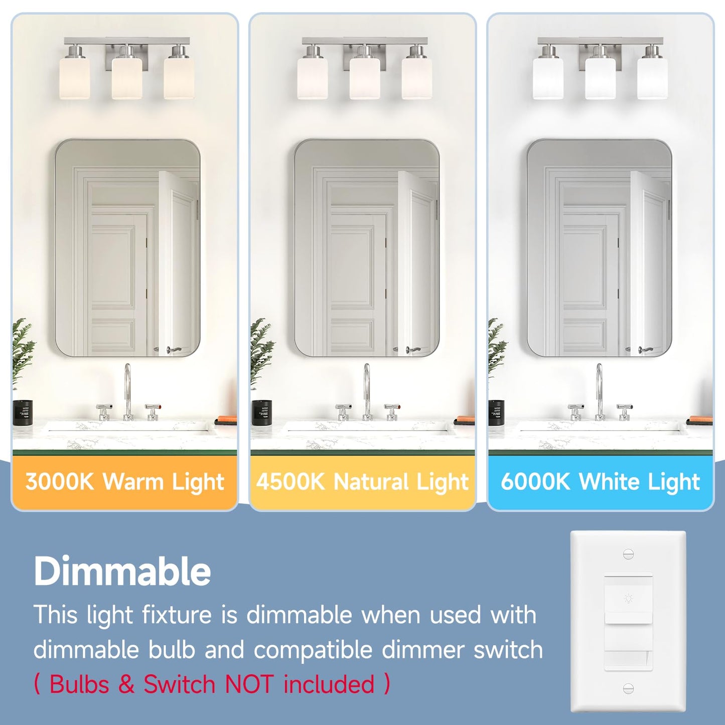 DIKAIDA 3-Light Bathroom Vanity Light,Brushed Nickel Vanity Lights with Square Frosted Glass,Modern Bathroom Wall Lights Fixtures Over Mirror,Wall Sconces Lighting for Bedroom Living Room,E26