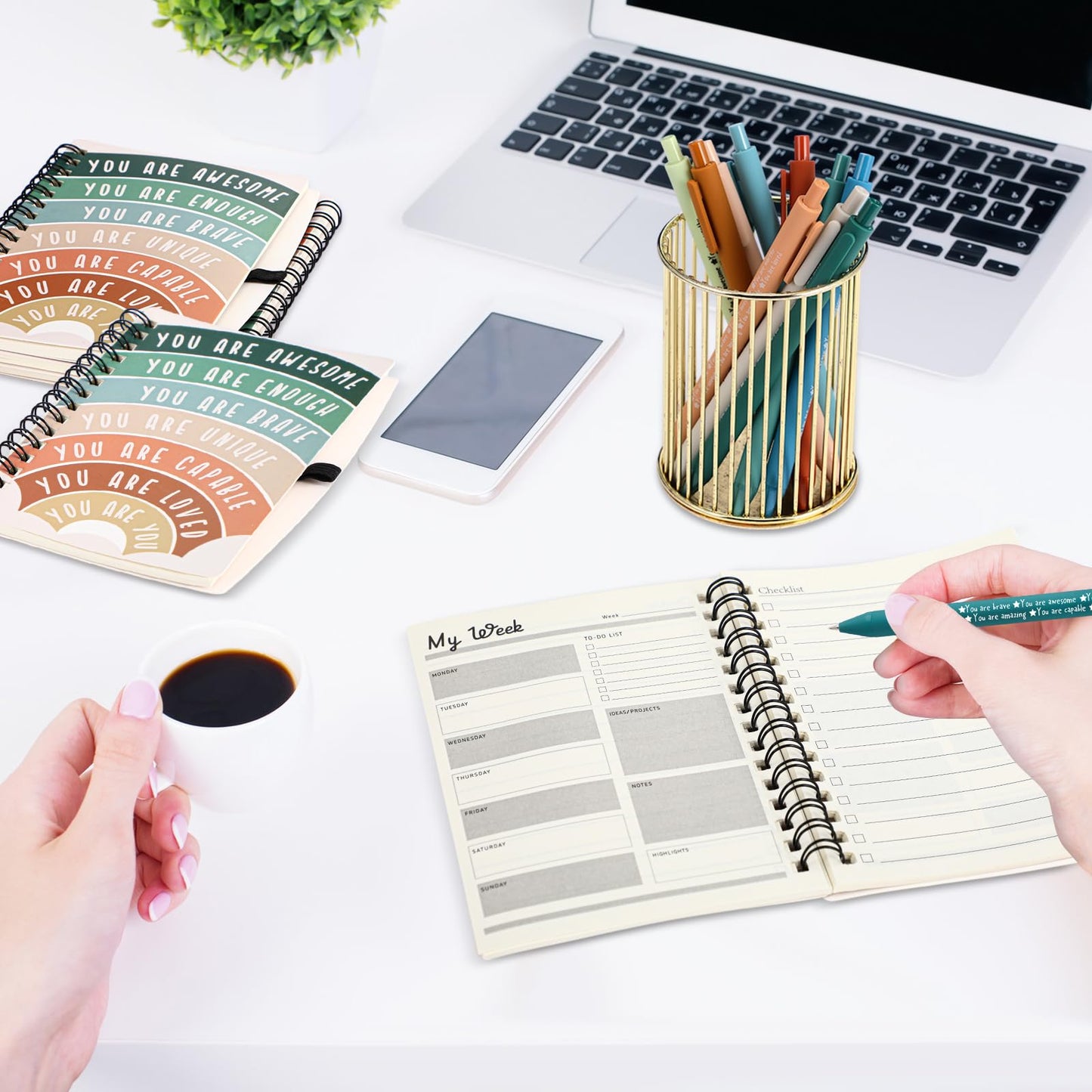 Thenshop 60 Pcs Mental Health Awareness Gifts Bulk 30 Self Care Notebook Journals 30 Positive Affirmation Pens for Women Office Staff Nurse Teacher Appreciation Student End of Year Gifts (Rainbow)