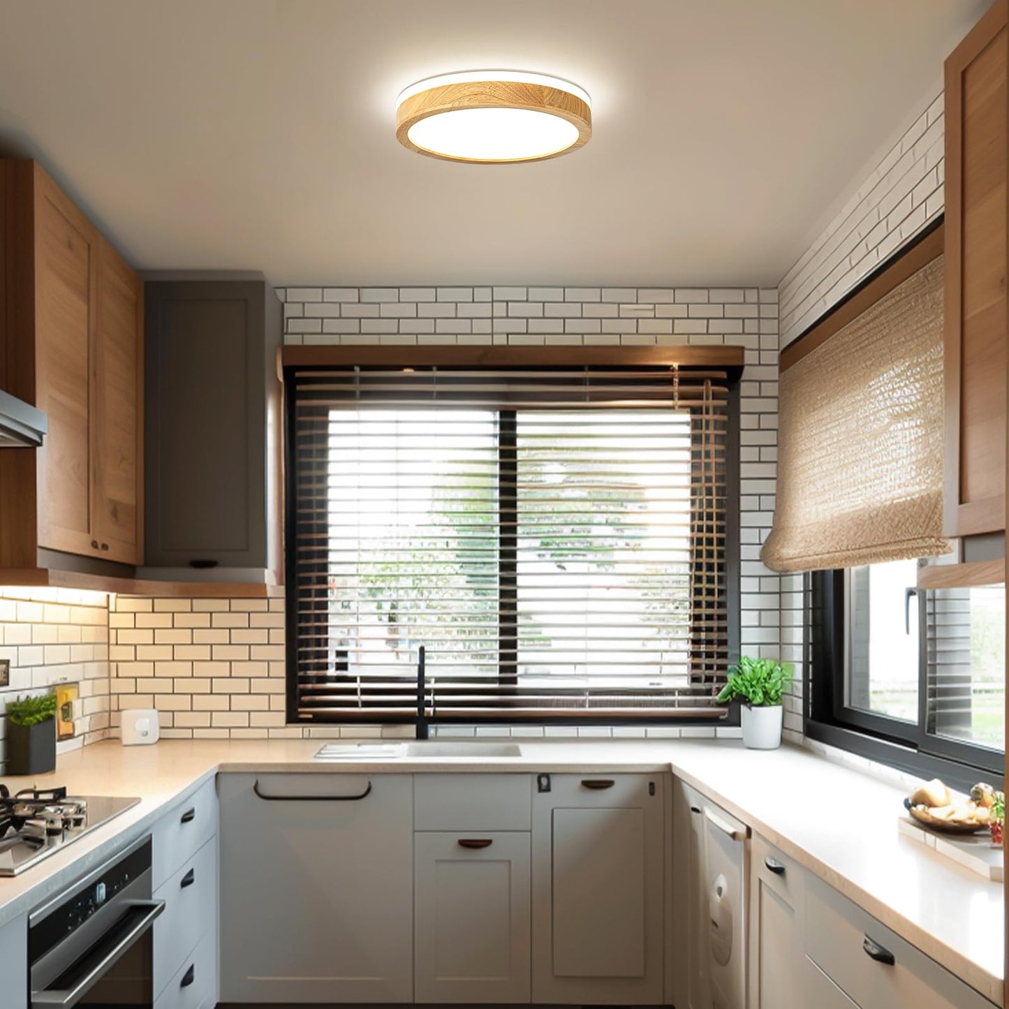 Pevfah Modern Dimmable Wood Flush Mount Ceiling Light, 2700K-6000K 5CCT Round Close to Ceiling Lighting Fixtures, Minimalist LED Ceiling Lamp for Bedroom, Kitchen, Hallway, Laundry Room-11.81in