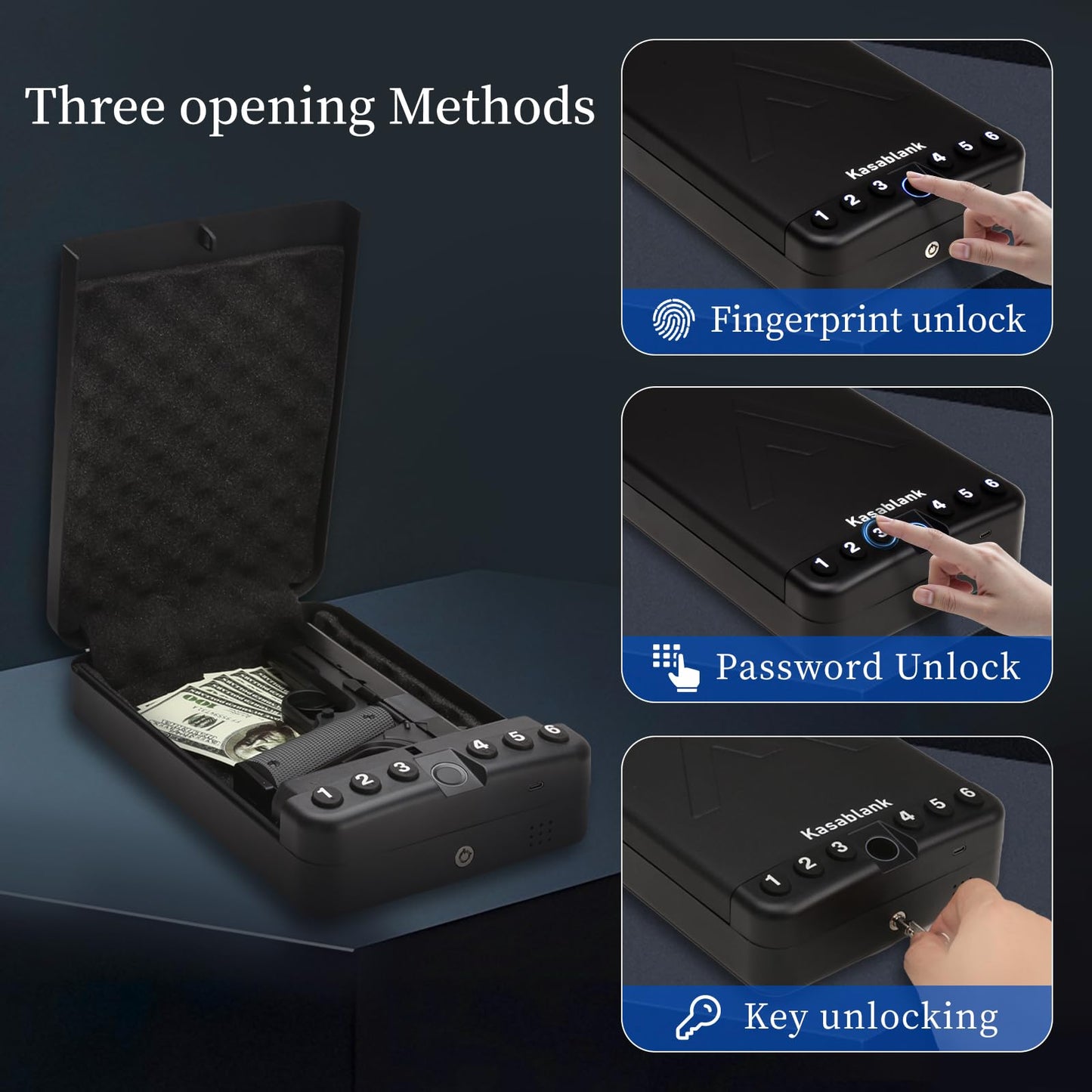 Gun Safe - Triple Unlock (Fingerprint/Password/Key), Quick Fingerprint Access in ≤ 0.1 seconds, one click mute function, Portable Pistol Safe, Suitable for Family Travel Vehicles, Quick Access