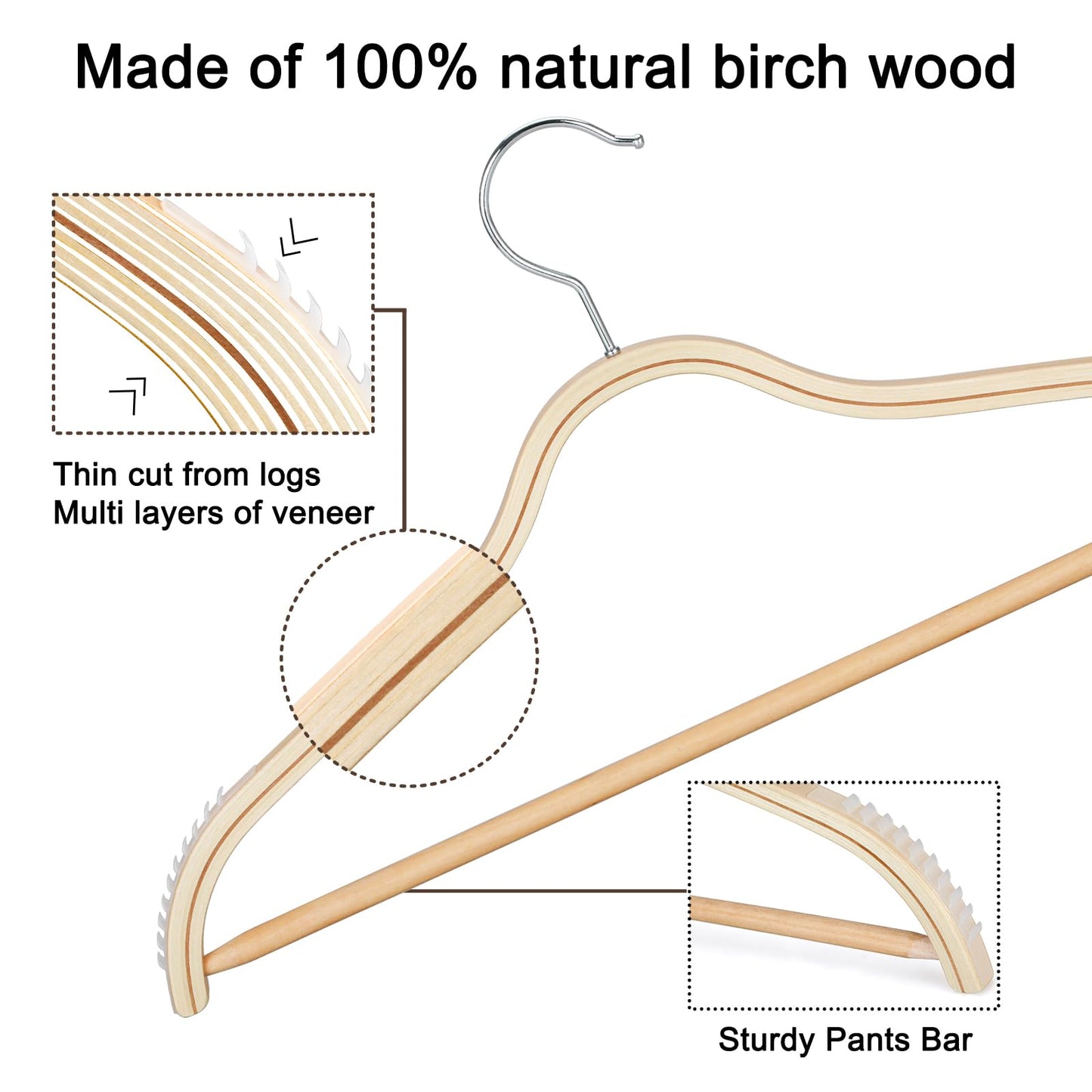 TOPIA HANGER Sleek Wooden Hangers with Non-Slip Rubber Grips, Sweater Hangers No Shoulder Bump, Lightweight Clothes Hangers for Women 20-Pack, 360° Swivel Hook and Pants Bar-CT63N20