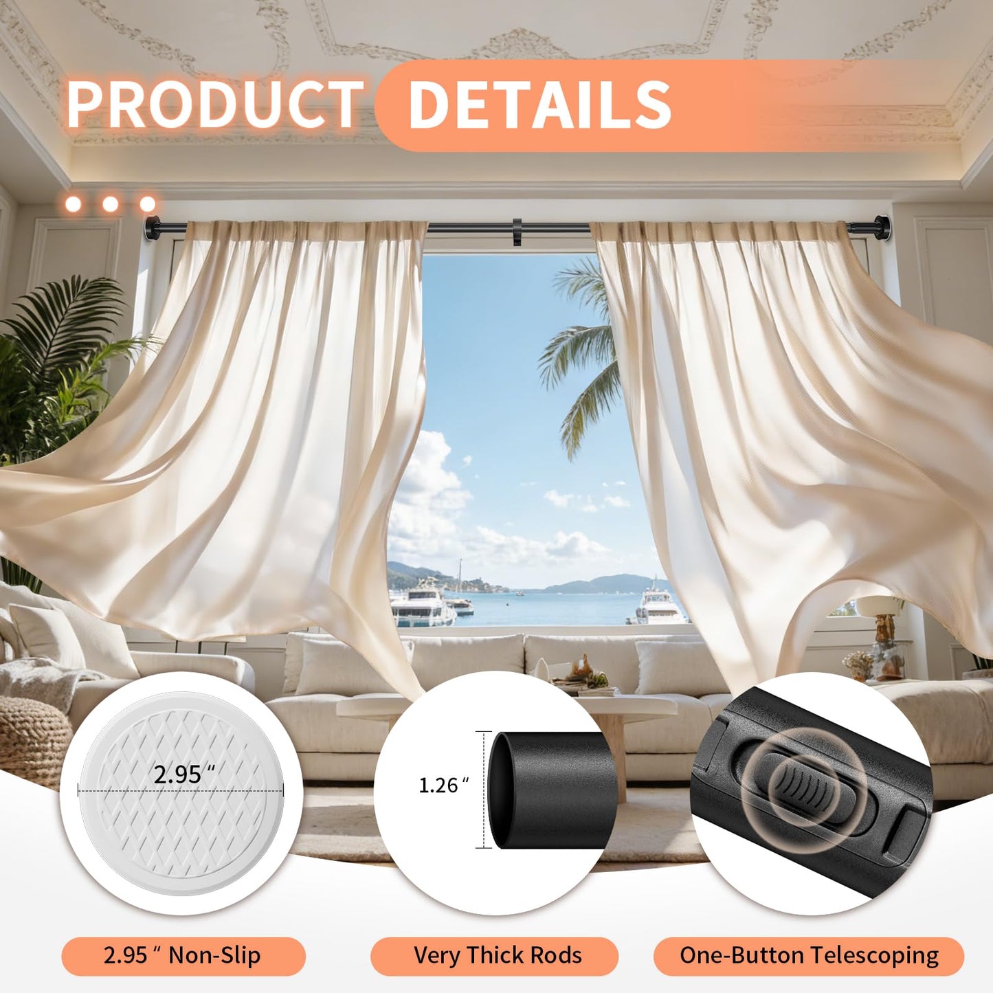 Tension Curtain Rod 41-173In, Outdoor Extra Long Curtain Rod No Drilling for Window or Bathroom Patio, Adjustable Heavy Duty Shower Curtain Rod, Easy to Install, Never Rust, Non-Slip-Black