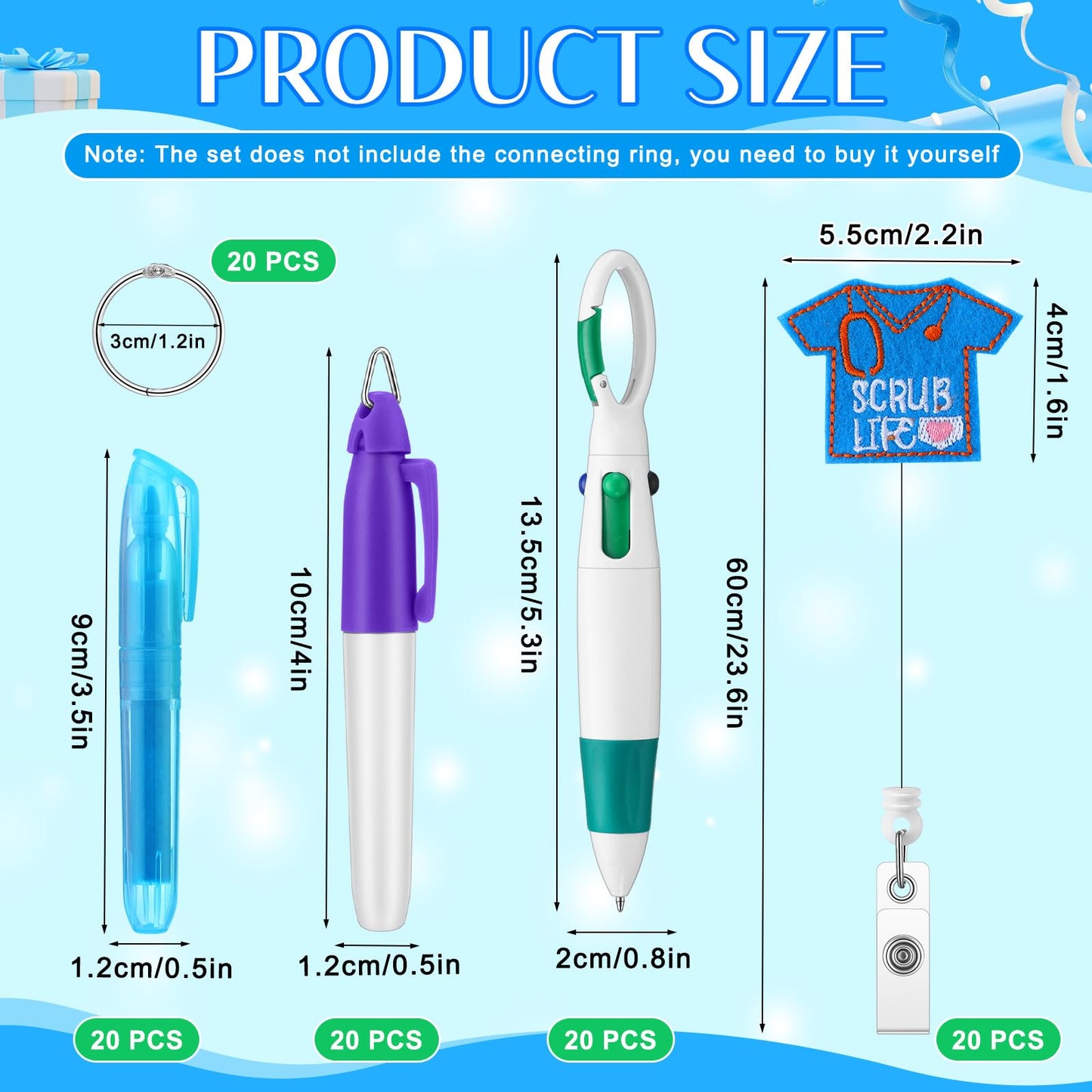Nezyo 100 Pcs Nursing Pens Set Includes Retractable Ballpoint Pen Permanent Marker Pen Mini Highlighters Badge Holder Clip ID Name Reels 2026 Nursing Week Gifts for CNA Students Graduation Coworker
