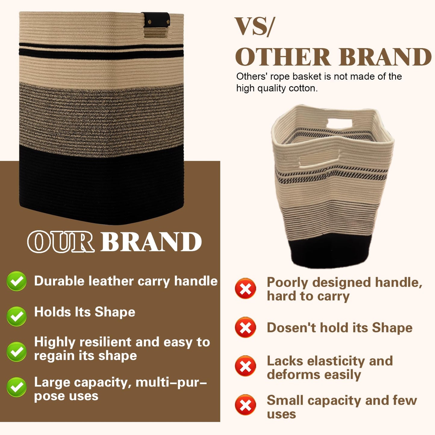 Degeyoyo Laundry Hamper, 95L Tall Laundry Basket with Leather Handles, Rectangle Large Clothes Hamper for Organizing, Cotton Woven Laundry Baskets Storage Hampers for Bedroom, Nursery, Living Room