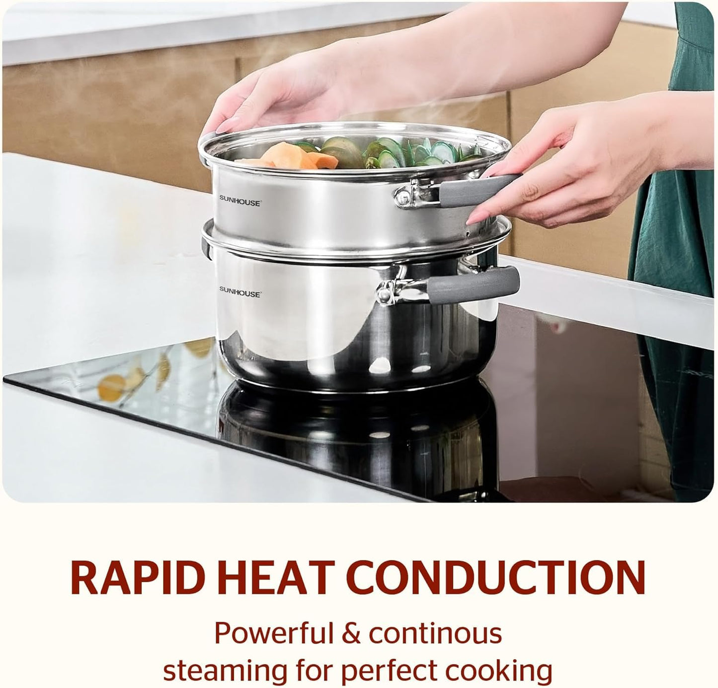 SUNHOUSE Stainless Steel Steamer Pot for Cooking - 3 QT Steaming Pot with Glass Lid & Steamer Basket - 2 Tier Tri-ply Base Vegetable Steamer with Stay-Cool Silicone Handles - Induction Compatible