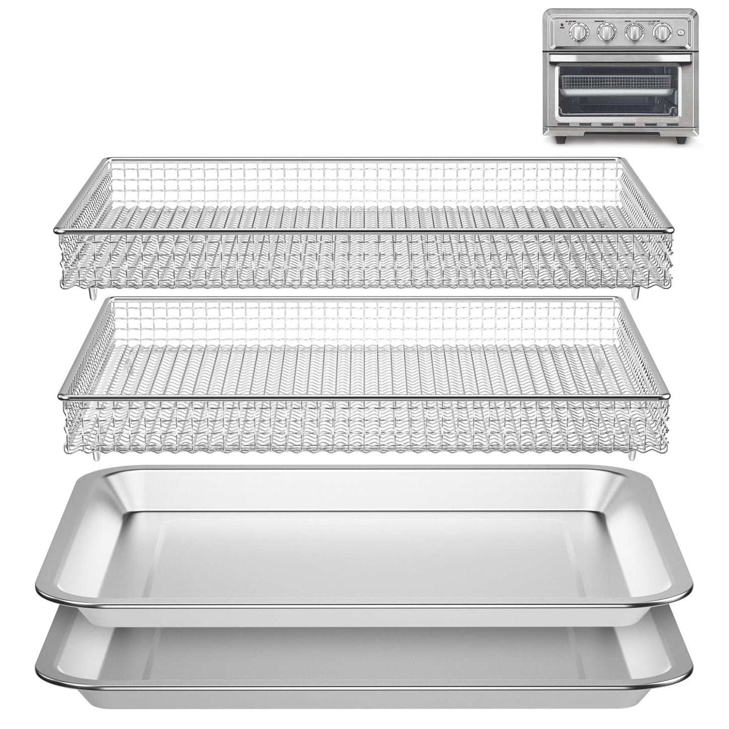 2 Set Oven Air Fryer Basket and Tray Replacement for Cuisinart Air Frye TOA-060 and TOA-065 Convection Oven, 12.4"x11" Stainless Steel Baking Sheet Pans and Mesh Basket, NonStick