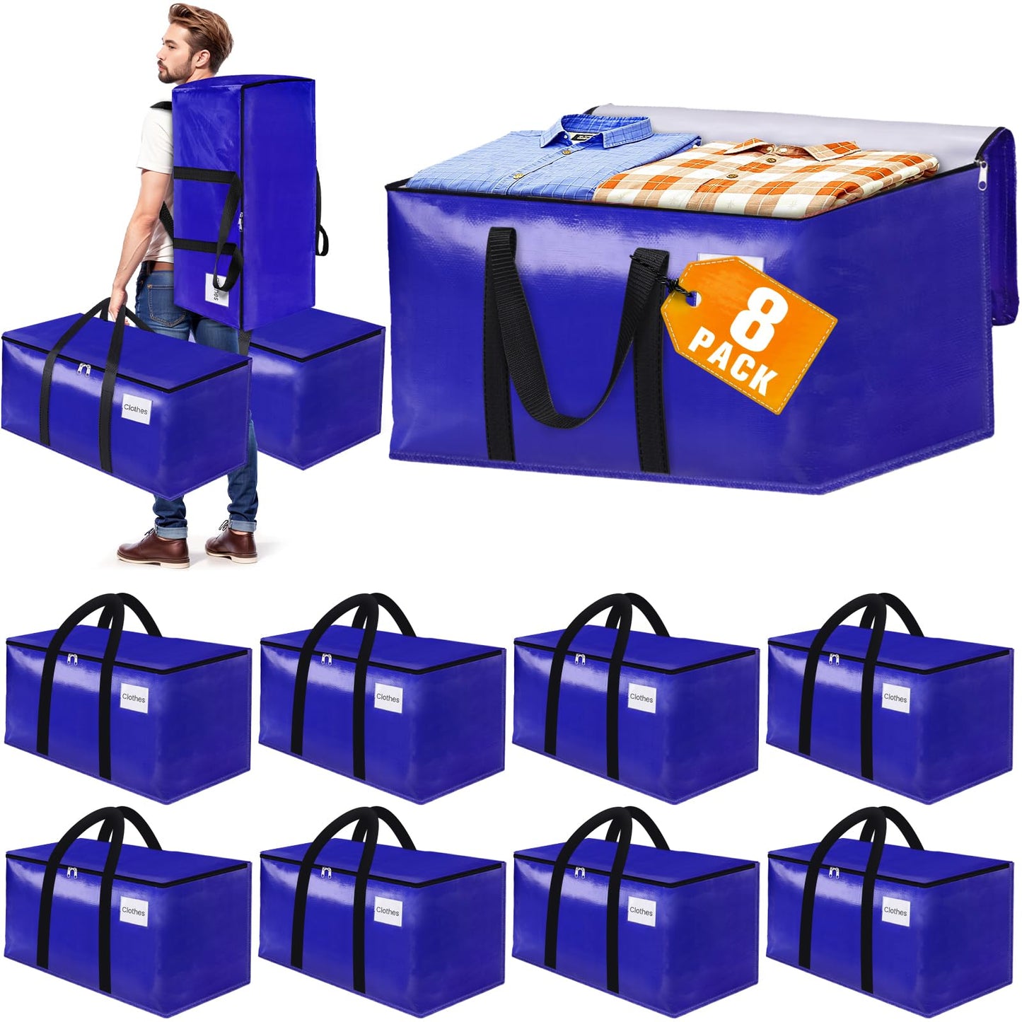 FabSpace 8-Pack Moving Bags with Backpack Straps & Carry Handles, 25 Gallons-93 L Heavy Duty Storage Totes for Space Saving, Foldable Storage Bags for College Dorm, Travel, Camping (Blue)