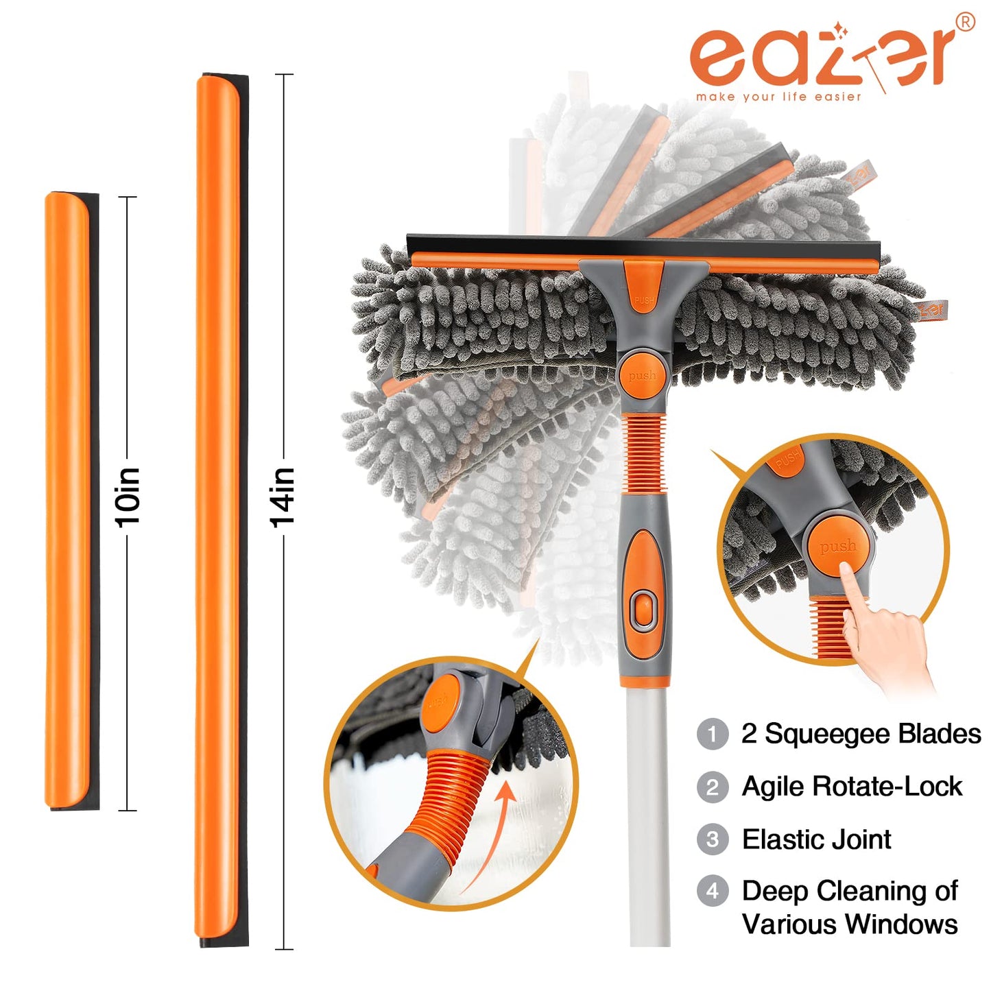 Eazer 89'' Squeegee Window Cleaner 2 in 1 Rotatable Window Cleaning Tool Kit with Extension Pole, Window Washing Equipment with Bendable Head for Indoor/Outdoor Window and Car Glass