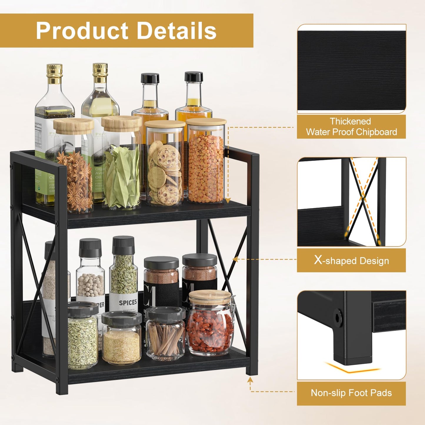 Giikin Countertop Organizer, 2 Tier Coffee Station Organizer for Desktop, Wood Counter Shelf Spice Rack for Kitchen (Black, M)