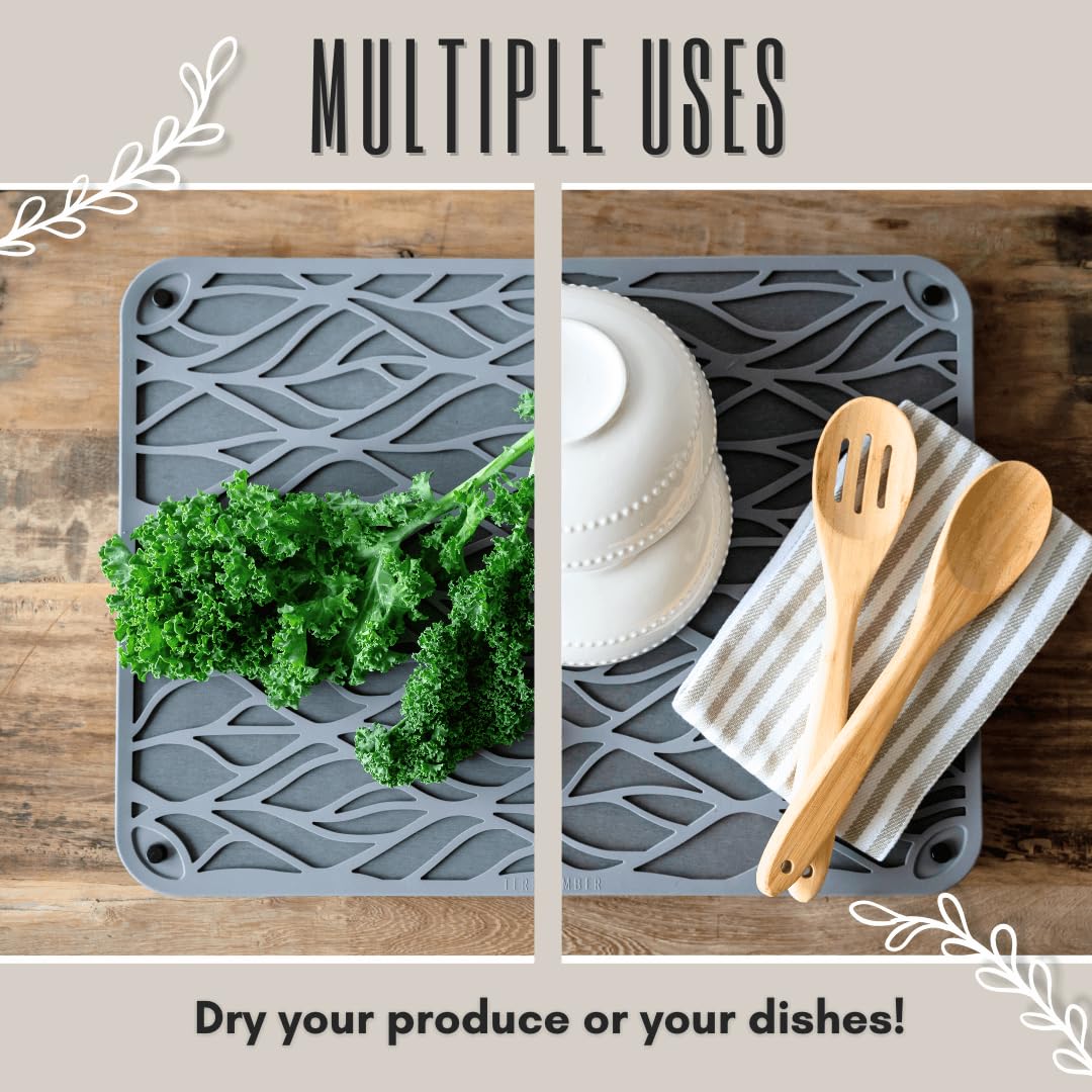 Stone Drying Mat for Kitchen Counter - 21.6"x15.7" Eco-Friendly Diatomaceous Earth Stone Dish Drying Mat with Trendy Silicone Topper & Legs for Airflow - Large Kitchen Stone Mat