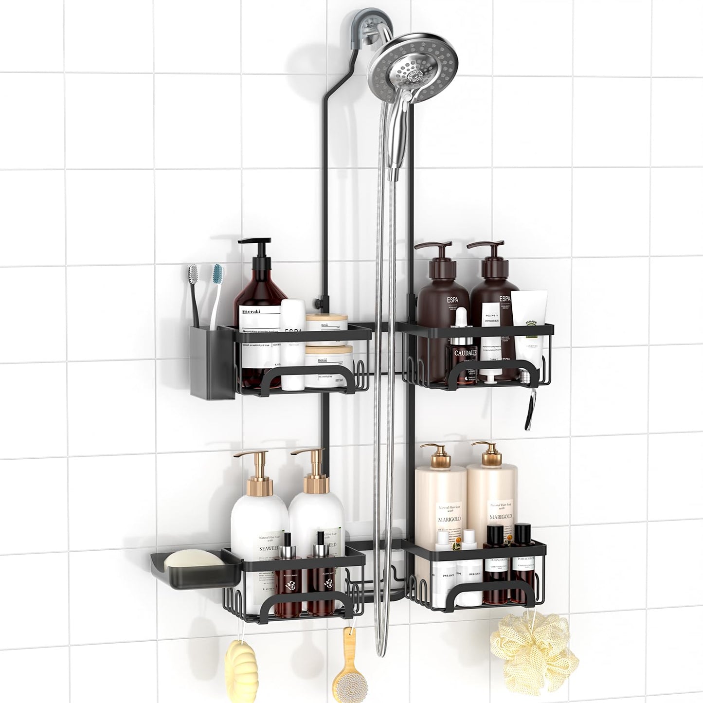 REINHARDT Shower Caddy Hanging for Handheld Showerheads Adjustable Split Shower Caddy, Rustproof Shower Organizer with Hooks for Razors Over the Head Caddy with Soap Holder Bathroom Accessories, Black