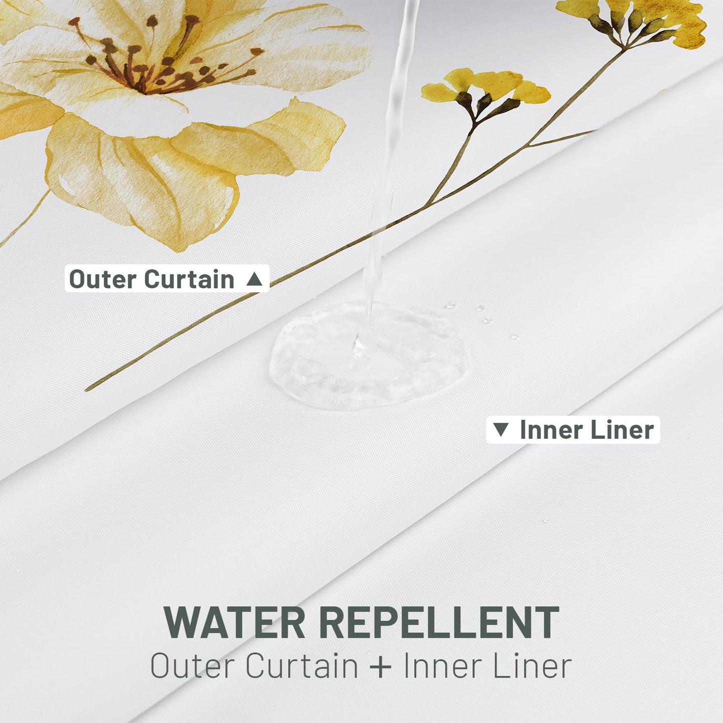 WITHLOC No Hook Shower Curtain with Snap in Liner - Floral Shower Curtain - Fabric Waterproof Inner Liner, Plants Watercolor Yellow Gray Modern Cloth Shower Curtains - Machine Washable, 71 x 74