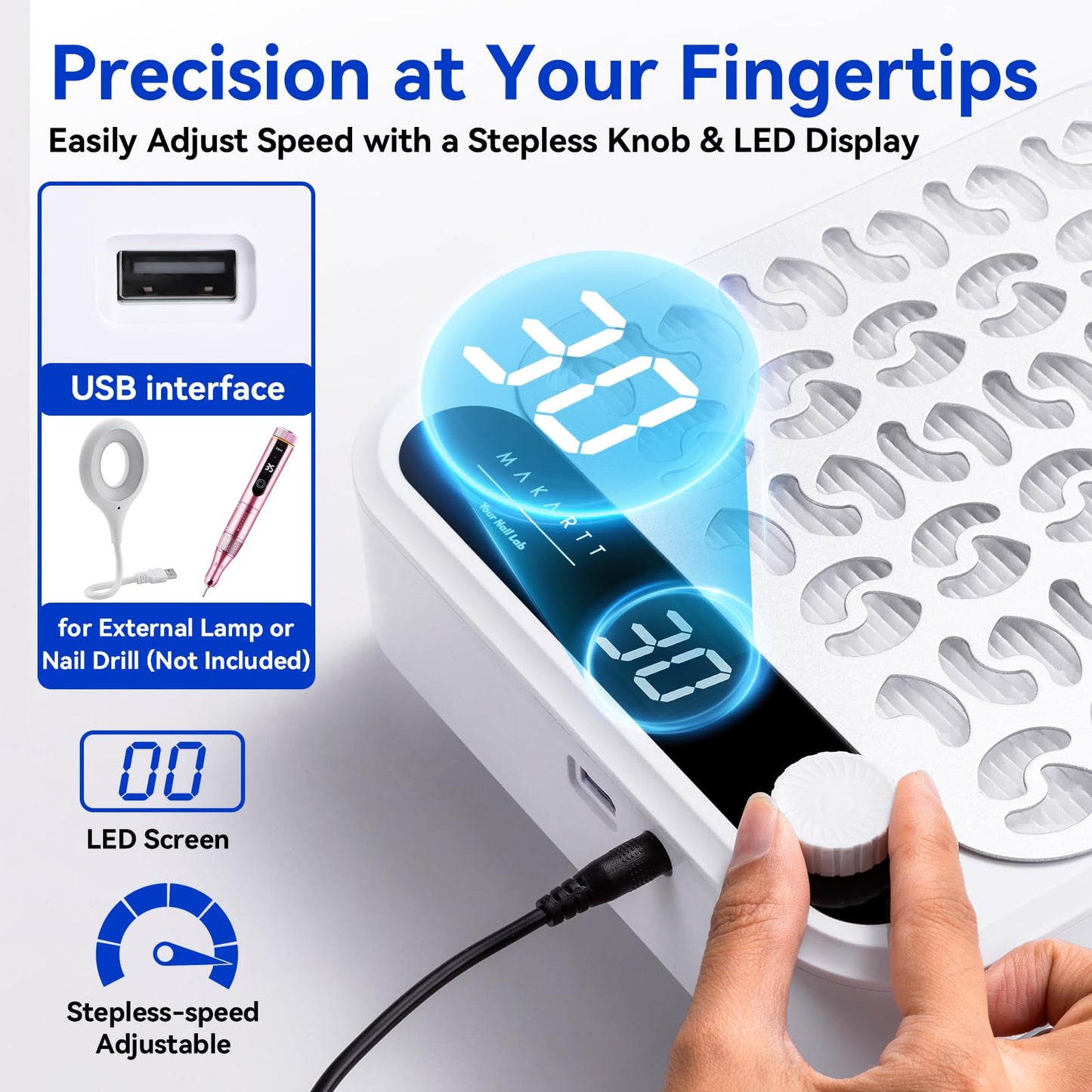 Makartt Nail Dust Collector - Professional Powerful Suction Larina Dust Cleaner with LED Display, Adjustable Speed, Reusable Filter, and Strainer Panel for Acrylic Nails Polishing Manicure Salon Home