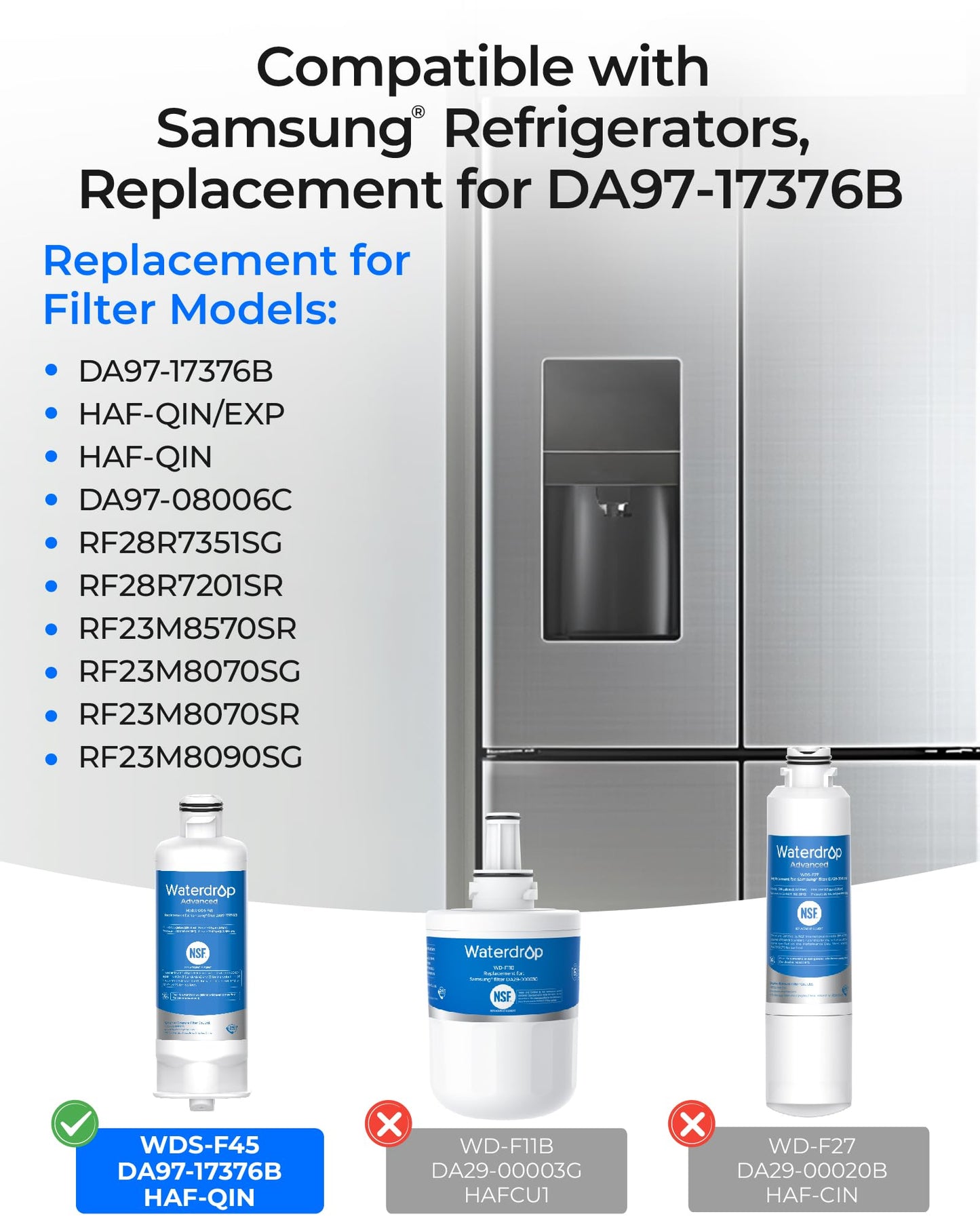 Waterdrop WDS-F45 Replacement for Samsung® DA97-17376B, HAF-QIN/EXP, DA97-08006C, RF28R7351SG, RF23M8570SR, NSF 53&42 Certified Refrigerator Water Filter, 3 Pack (Packaging May Vary)