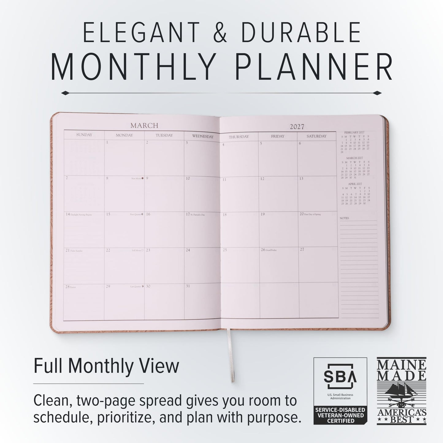 Gallery Leather Large Monthly Planner 2027, Elegantly Bound Calendar Planner and Notebook with Stylish Gold-Gilded Page Edges, 18 Months - Acadia Black - 9.75x7.5"