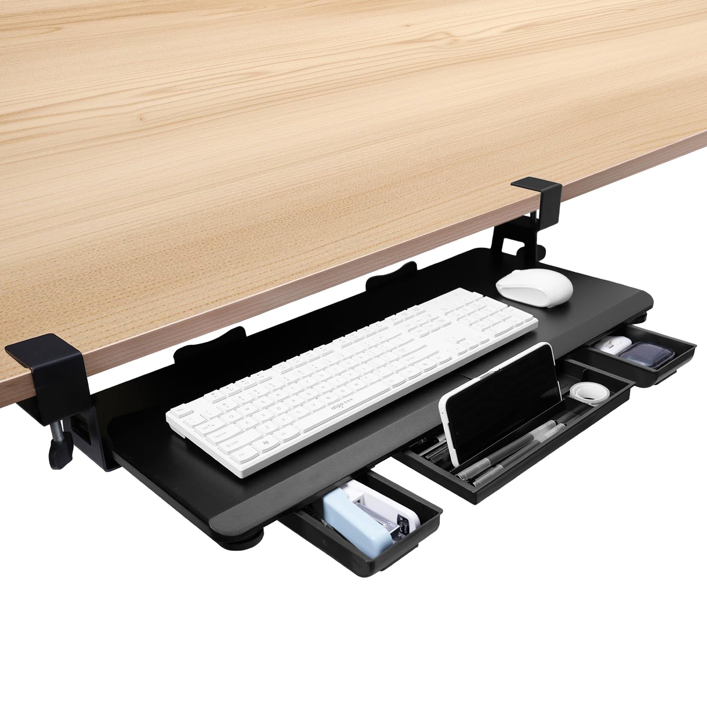 OUKMIC Large Keyboard Tray Under Desk Slide Out with Sturdy C-Clamp Mount and Storage Drawer, 27" (31" Including Clamps) x 12" Ergonomic Keyboard Trays for Home and Office, Black