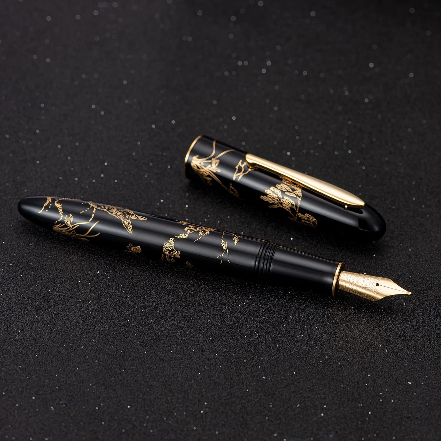 HONG DIAN Hongdian N23 Black Rabbit Fountain Pen, Long Blade Medium Nib Gold Trim, New Year Lucky Rabbit Carving Design, Smooth Writing Pen with Converter and Metal Pen Box Set