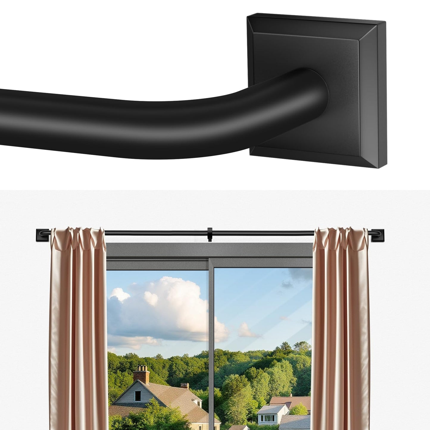 Black Curtain Rods for Windows 66-120Inch(5.5-10ft) Heavy Duty French Return Rod, Wrap Around Blackout Curtain Rods, Long Adjustable Room Darkening Drapery Rod for Bedroom, Living Room Outdoor Patio