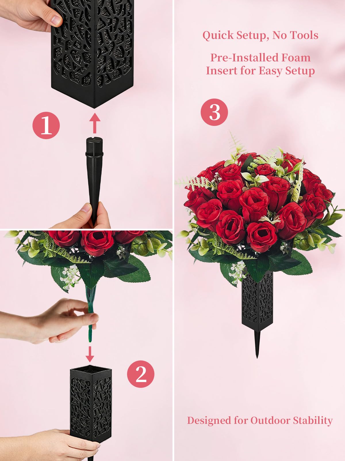 2 Pack Cemetery Flowers for Grave with Spiked Vases, 18-Stem Red Artificial Rose Bouquets with Flag, Non-Bleeding & Wind-Resistant All-Weather Memorial Decorations for Headstones