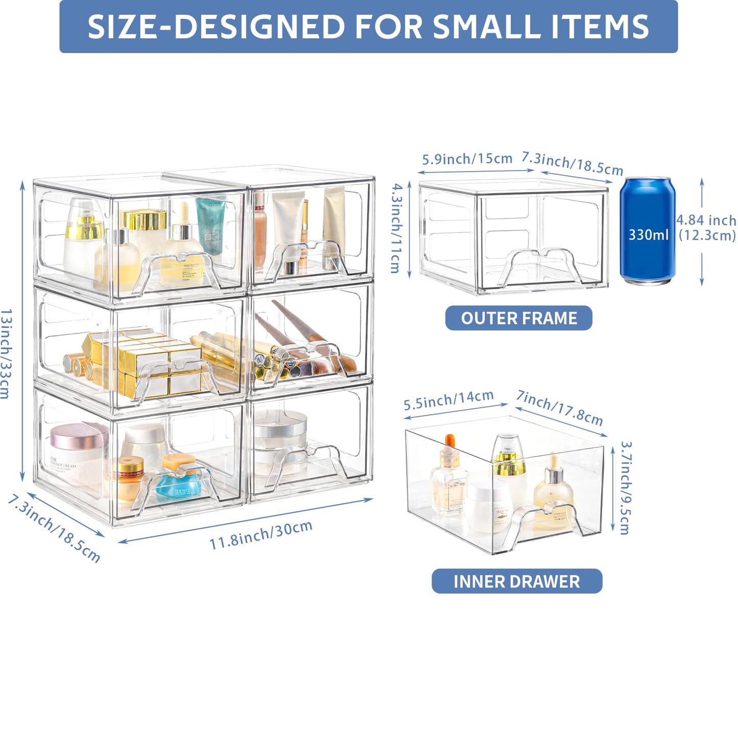 Plastic Drawers Storage, 6 Pack Clear Stackable Storage Drawers, Acrylic Storage Bins with Drawers for Fridge Organizers, Small PlasticDrawers Stackable for Makeup Organizers Cosmetic Display