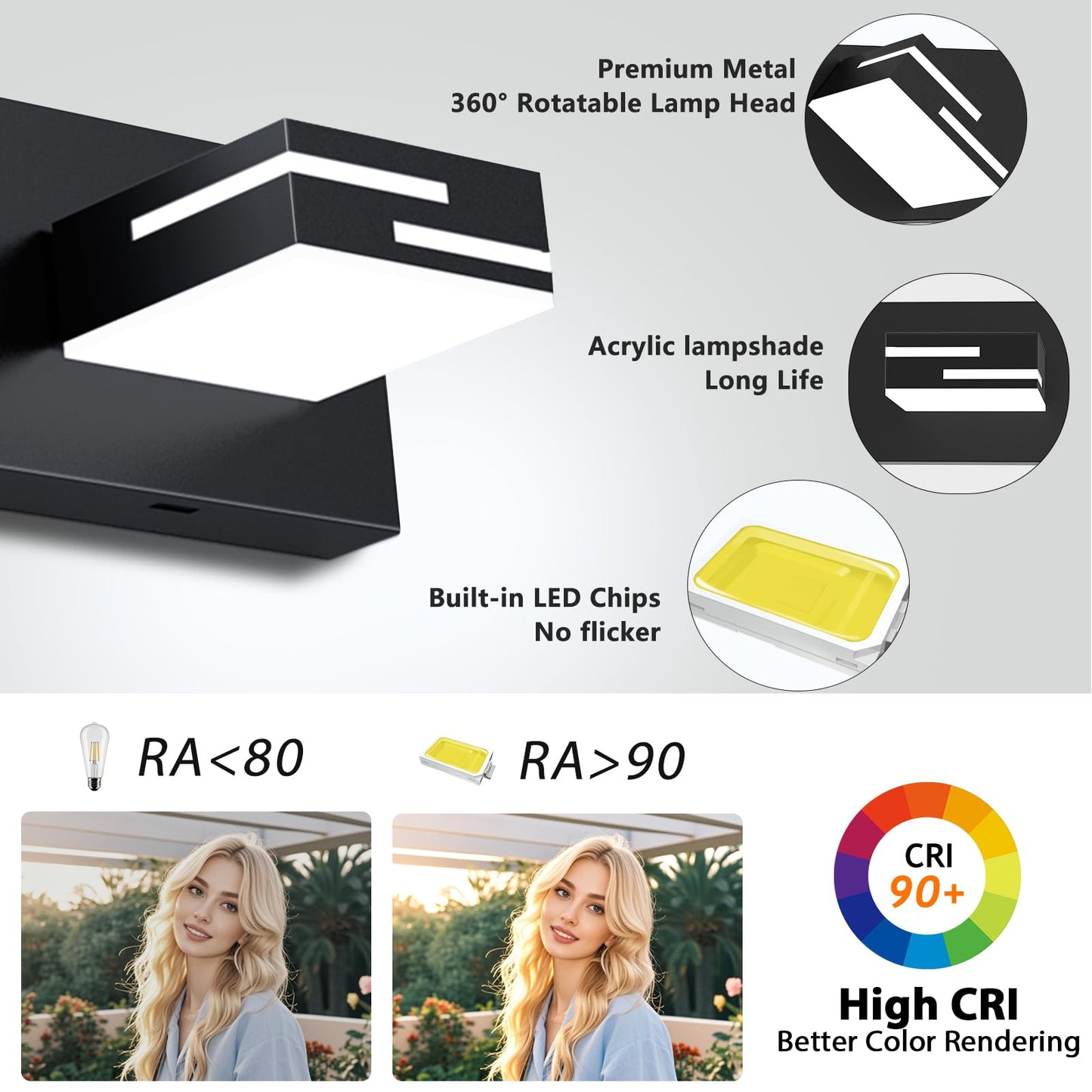 LKHF LED Modern Bathroom Vanity Light Fixtures, Dimmable Matte Black Vanity Lights for Bathroom Lighting Fixtures Over Mirror, with 360° Rotatable Acrylic Heads 4-Light 28-inch (Cool White 6000K)