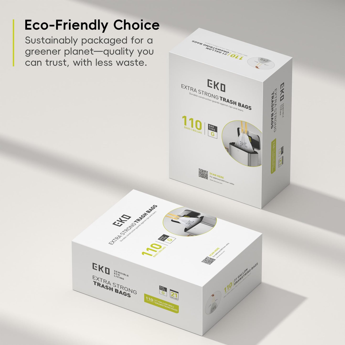 EKO 21 Gallon / 50-90 Liter,110 CountDrawstring Trash Bags, Extra-Strong Unscented Garbage Bags, Easy-Dispense Roll for Kitchen & Household Use, Resists Tears, Leaks and Punctures, Code G, White