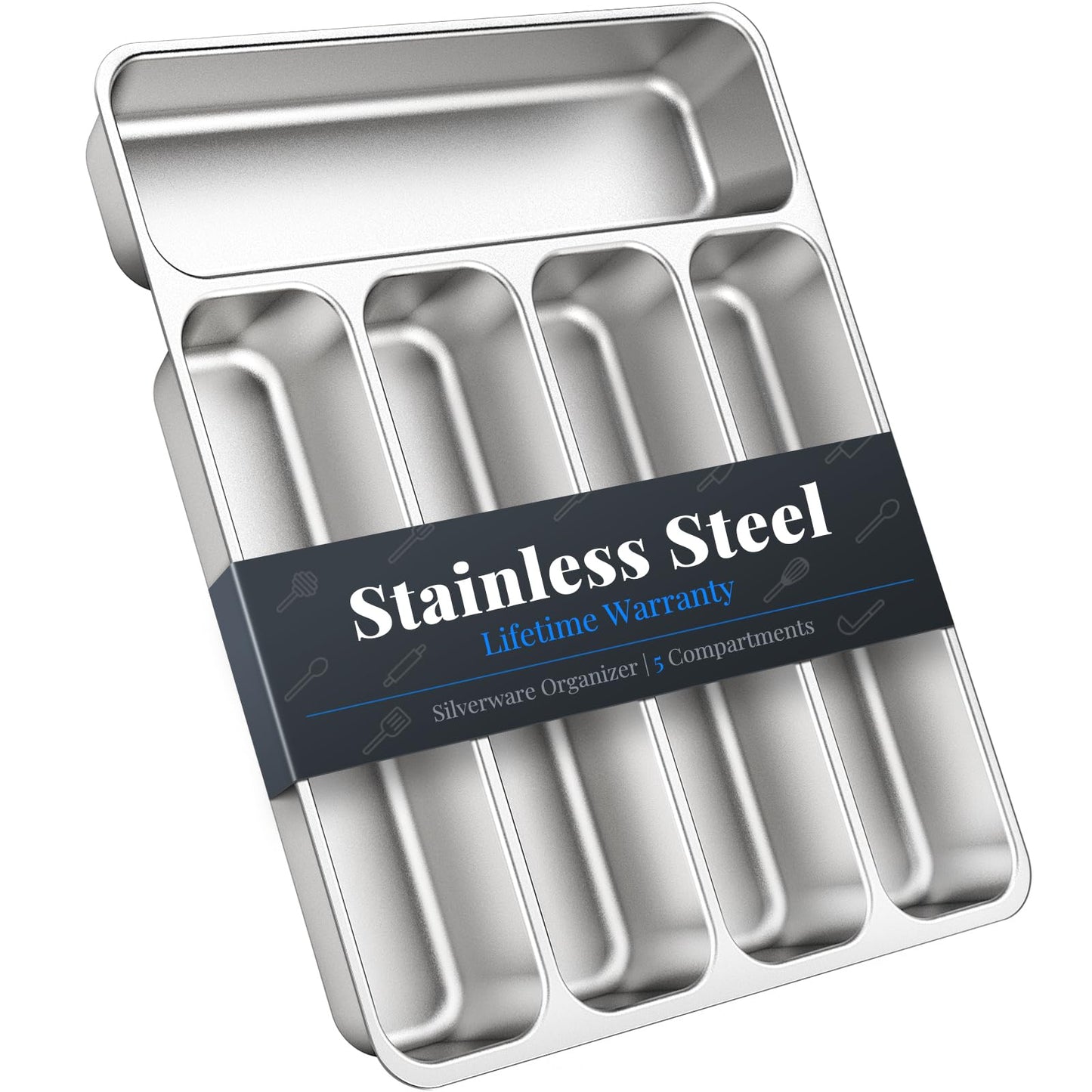 IKOCO Silverware Organizer Stainless Steel Utensil Drawer Organizer with 5 Compartments for Kitchen, Dishwasher Safe, Holds Spoons Forks Knives (13.8" x 11.4" x 1.6", Silver)