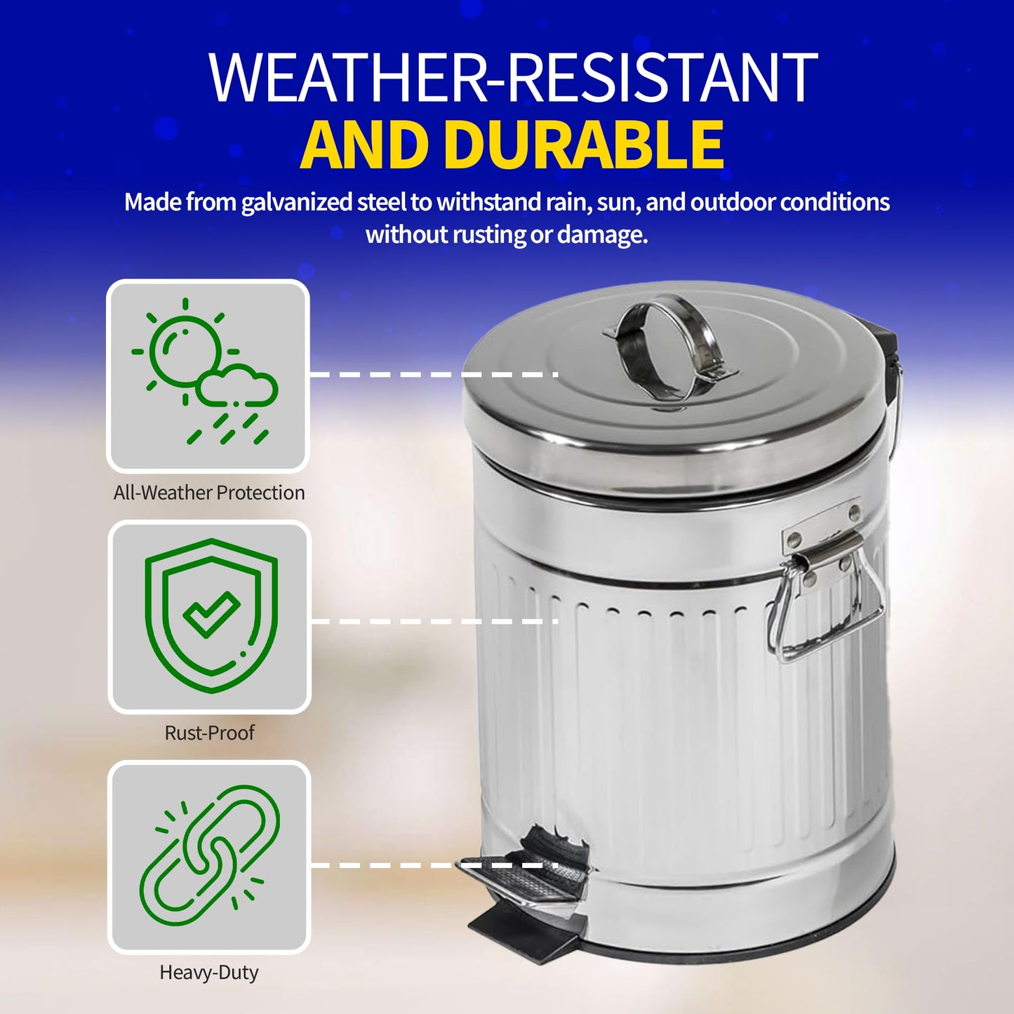 Pet Fit For Life - Steel Trash Can with Lid, Steel Galvanized Trash Can, Step Foot Pedal, Plastic Inner Lining, Liner Bags, Weather-Resistant Outdoor Bin for Yard, 11" Tall, 5L/1.3 Gallons - Small
