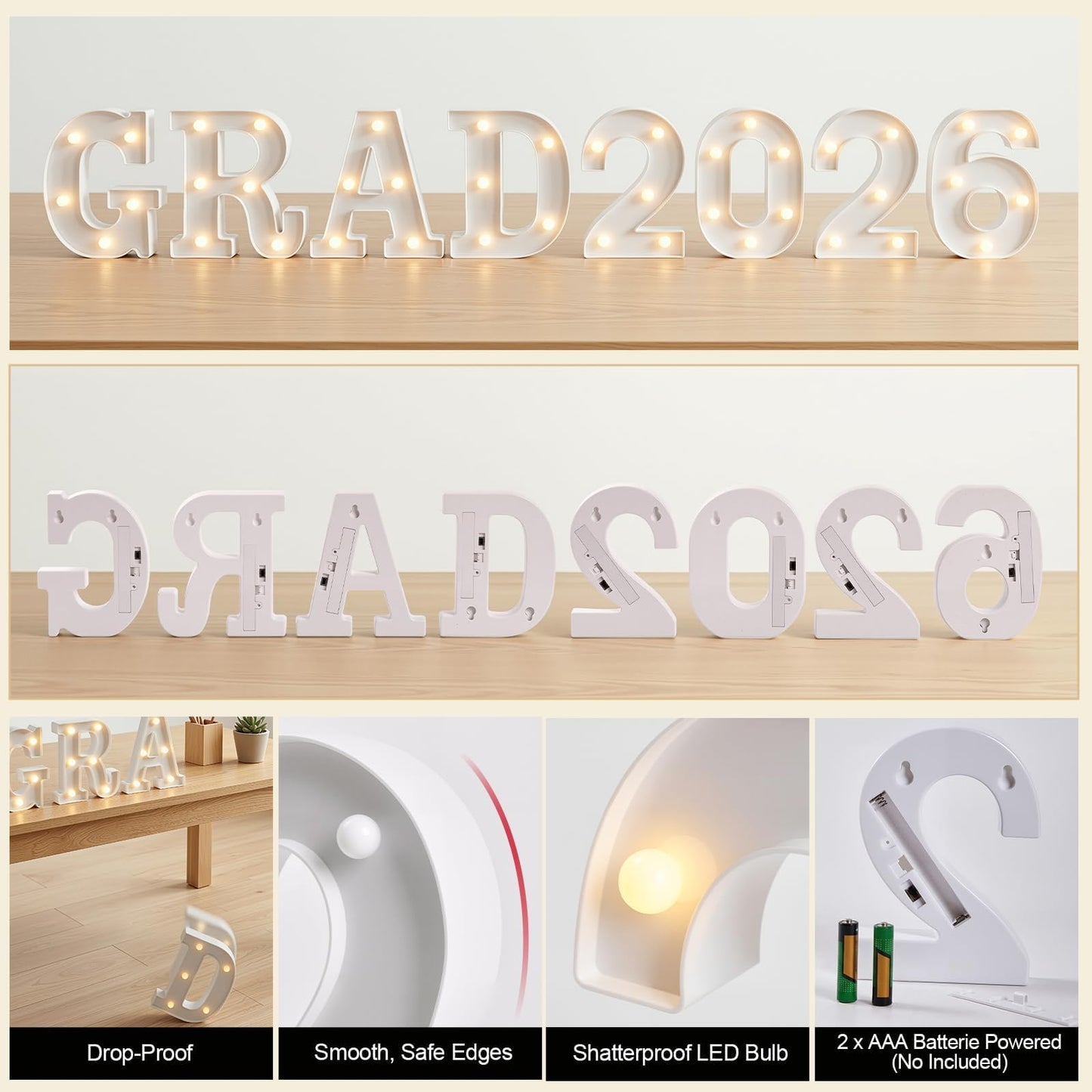 OLANRUN 2026 Graduation Decorations - 8 Pcs LED Marquee Light Up Letters GRAD 2026 for Table & Wall, Class of 2026 Graduation Party Decor Supplies for Kindergarten Preschool High School College, 6.2in