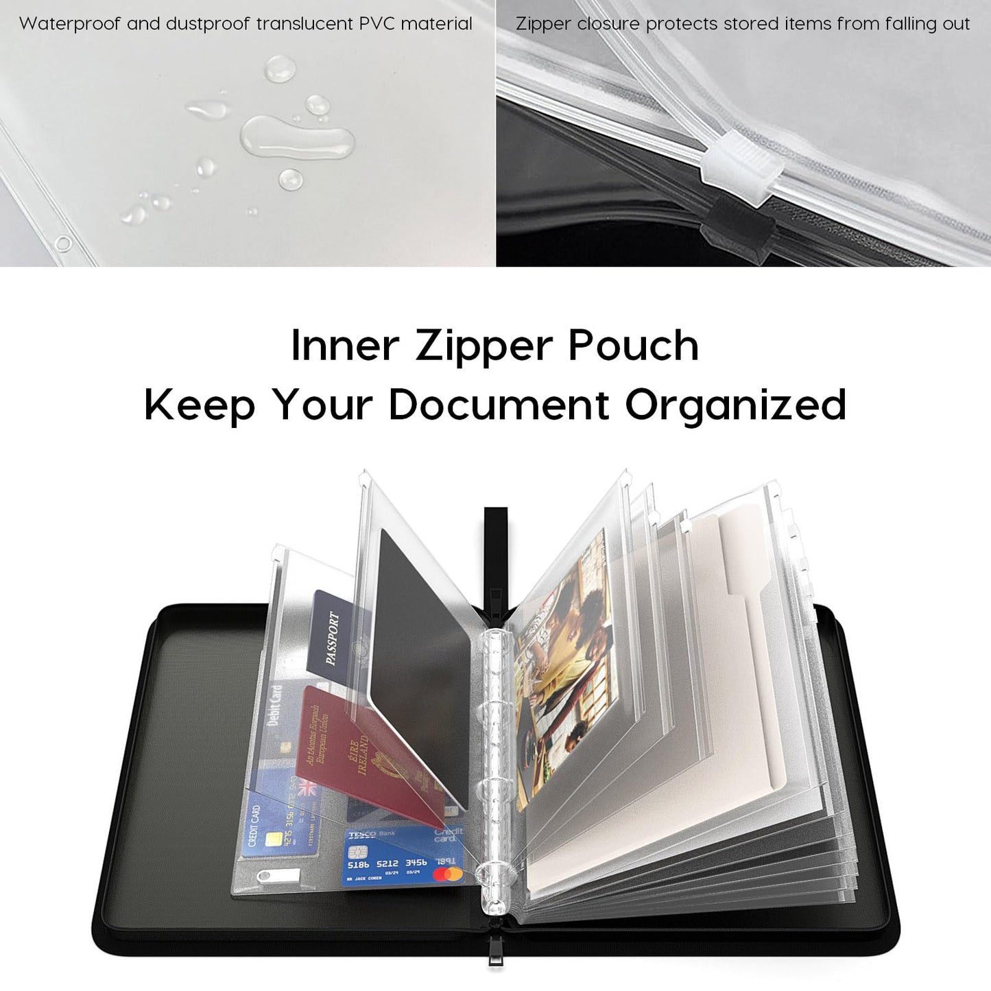 Important Document Organizer Zipper Binder,Fireproof Document Bag for Birth Certificate Protector, Waterproof Bill Organizer in Case I Go Missing Binder for Home Safe, 4 Ring Receipt Holder (Black)