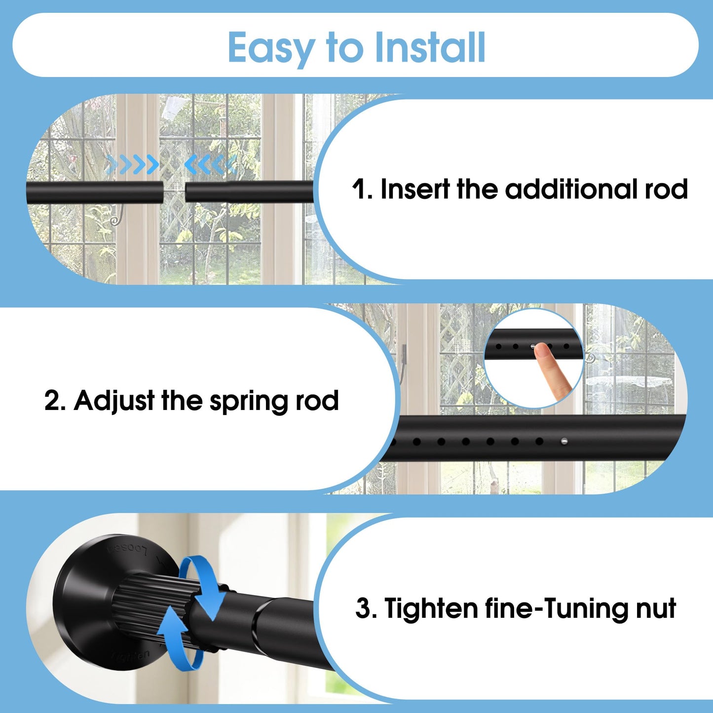 Tension Curtain Rod No Drilling 51–168In (14Ft), Outdoor Curtain Rods for Patio Windows, Extra Long Adjustable Curtain Rod,Shower Curtain Rod for Bathroom,Heavy Duty Tension Rod Renter Friendly, Black