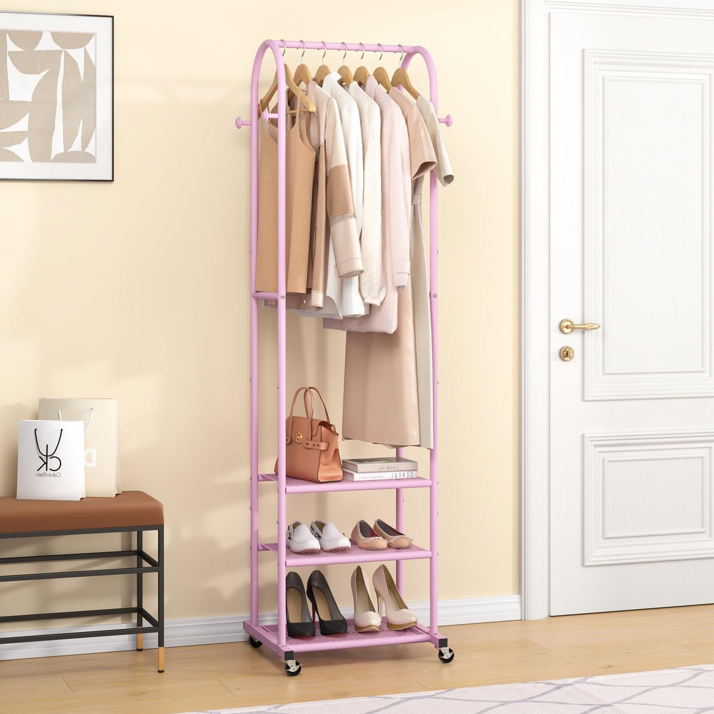 Kaitiemoo Heavy Duty Clothing Rack with Wheels,Modern Garment Rack with 3 Metal Shelves, 71.8Inches Display Rack for Hanging Clothes, Hanging Rod for Small Space,Pink