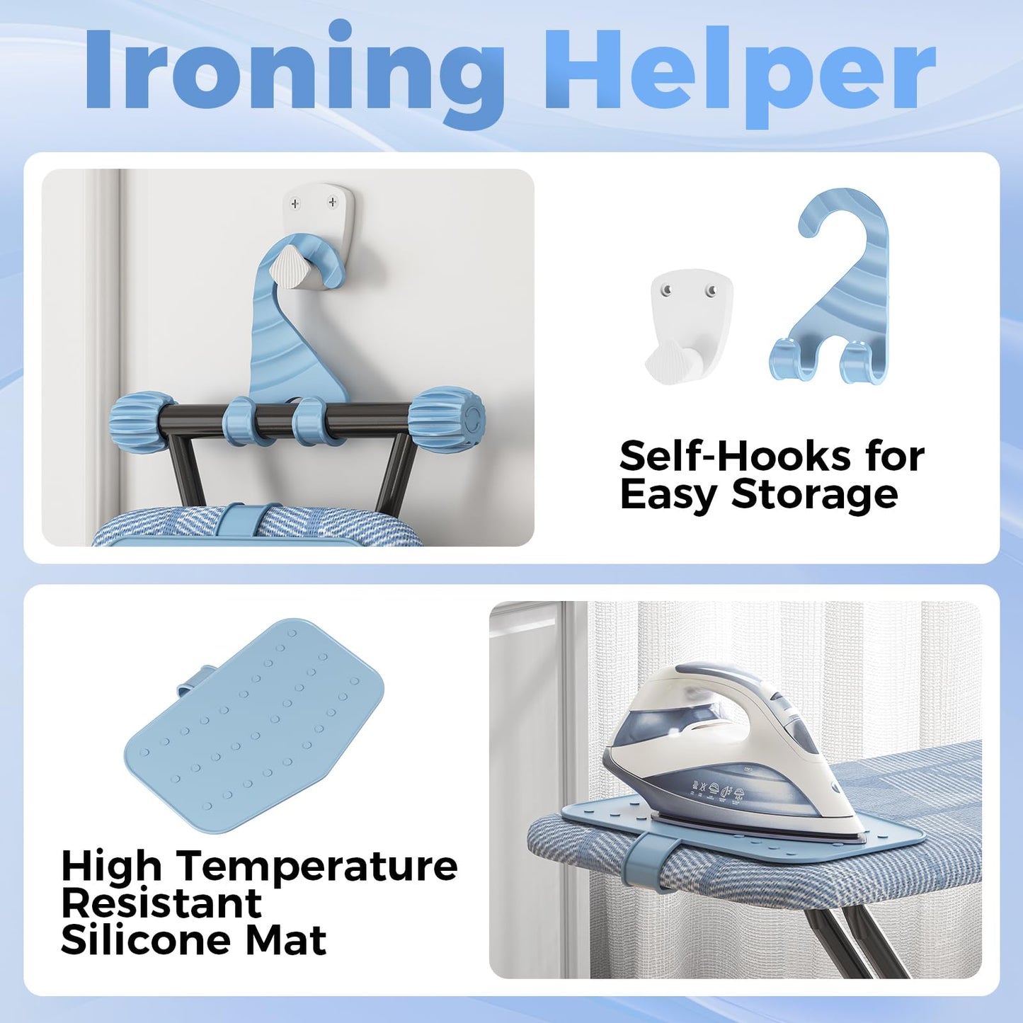 KINGBOARD Ironing Board, Compact Iron Board with Silicon Iron Mat, Heat Resistant Cover, 7 Height Adjustable, Foldable Ironing Board Wall Mount Hanger, 13x43 Blue