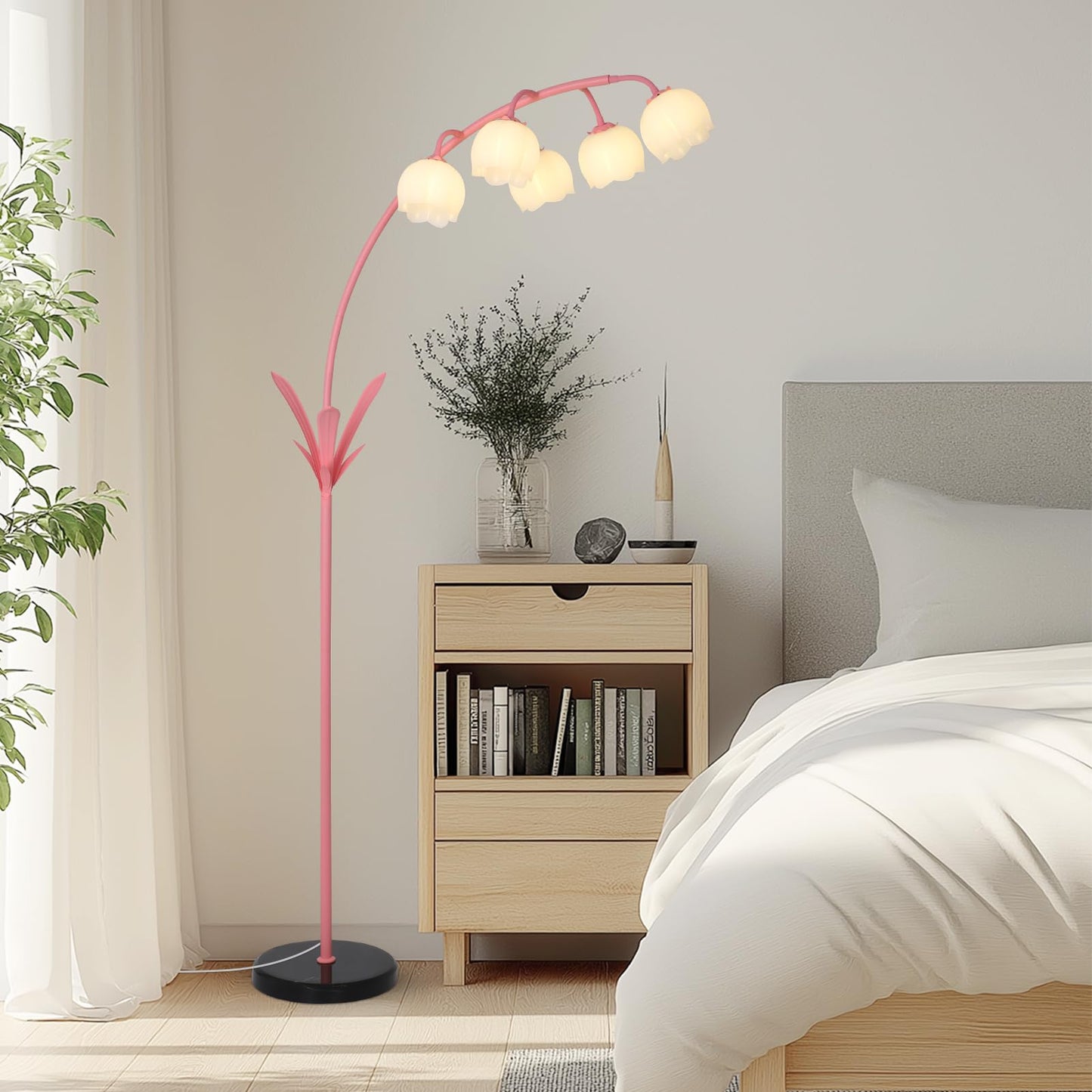 HMVPL Pink Flower Floor Lamp for Living Room, Floral Arched Floor Lamp with 5 G9 LED Bulbs, Foot Switch, Curved Standing Lamp with Acrylic Shade, Cute Tall Lamp for Living Room Bedroom Girls Nursery