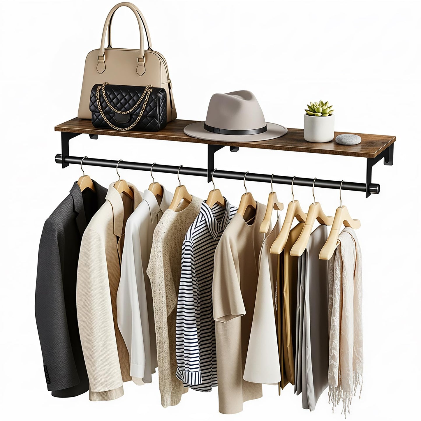 Luxspire Wall Mounted Clothes Rack, 43.3inch Clothing Racks with Top Shelf for Hanging Clothes, Heavy Duty Industrial Pipe Garment Rack, Laundry Room Shelves Closet Storage, Large