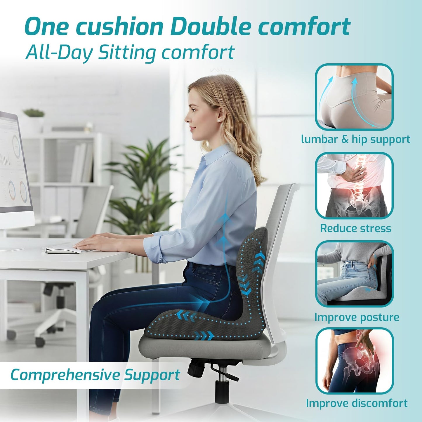 XZdream Ergonomic Seat Cushion,Office Chair Cushion with Lumbar Support Pillow,Car Orthopedic Seat Cushions,Designed for Sciatica,Tailbone,Back Pain Relief,for Office,Car,Truck,Home,Desk Chair