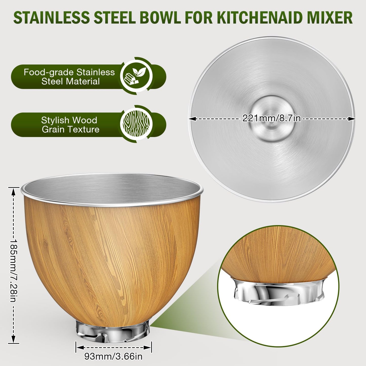 5QT Stainless Steel Mixer Bowl Compatible with Kitchen aid Stand Mixers Kitchenaid Replacement Bowl for 4.5-5 QT Tilt-Head Mixer with Handle, Wood Grain