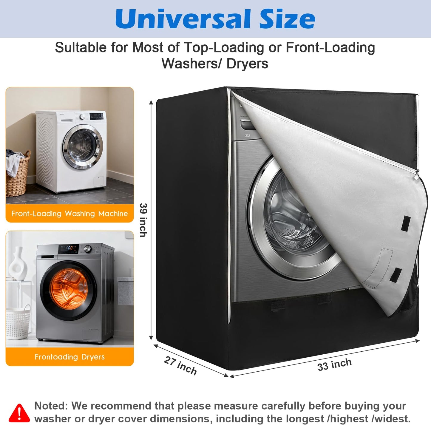 2 Pack Waterproof Washer and Dryer Covers with Durable Zipper 27"W X 33"D X 39"H Large Heavy Duty Washing Machine Cover for Top Load & Outside Use, Black