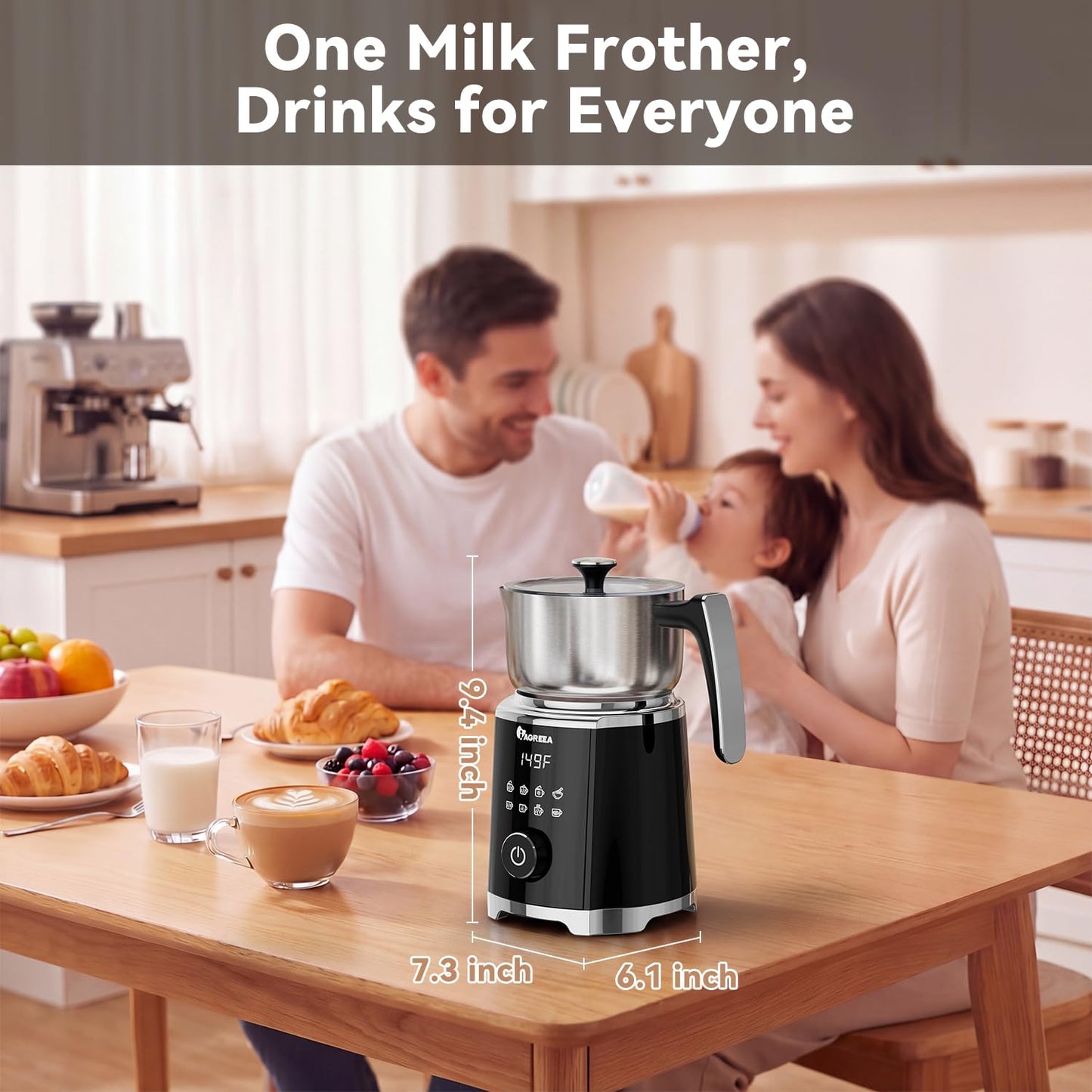 IAGREEA Milk Frother, 8 in 1 Large Hot and Cold Foam Maker (600ml), Detachable Milk Steamer Jug for Latte, Matcha, Hot Chocolate, Stainless Steel, Dishwasher Safe