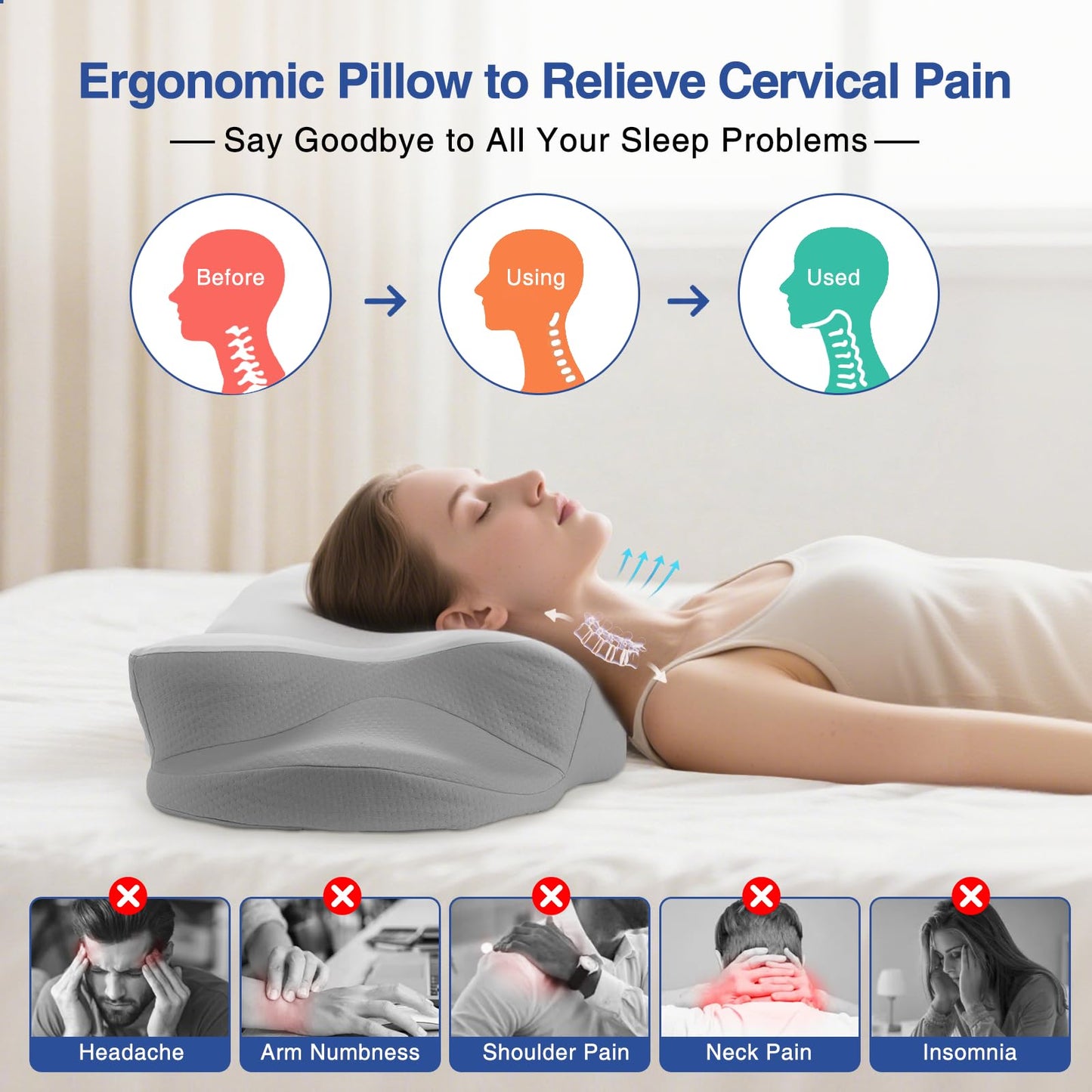 Cervical Neck Pillow - Cooling Pillow for Neck Pain Relief, Side Sleeper Pillow, Ergonomic Neck Pillow, Contour Orthopedic Memory Foam Pillows for Side Back Stomach Sleepers with Pillowcase
