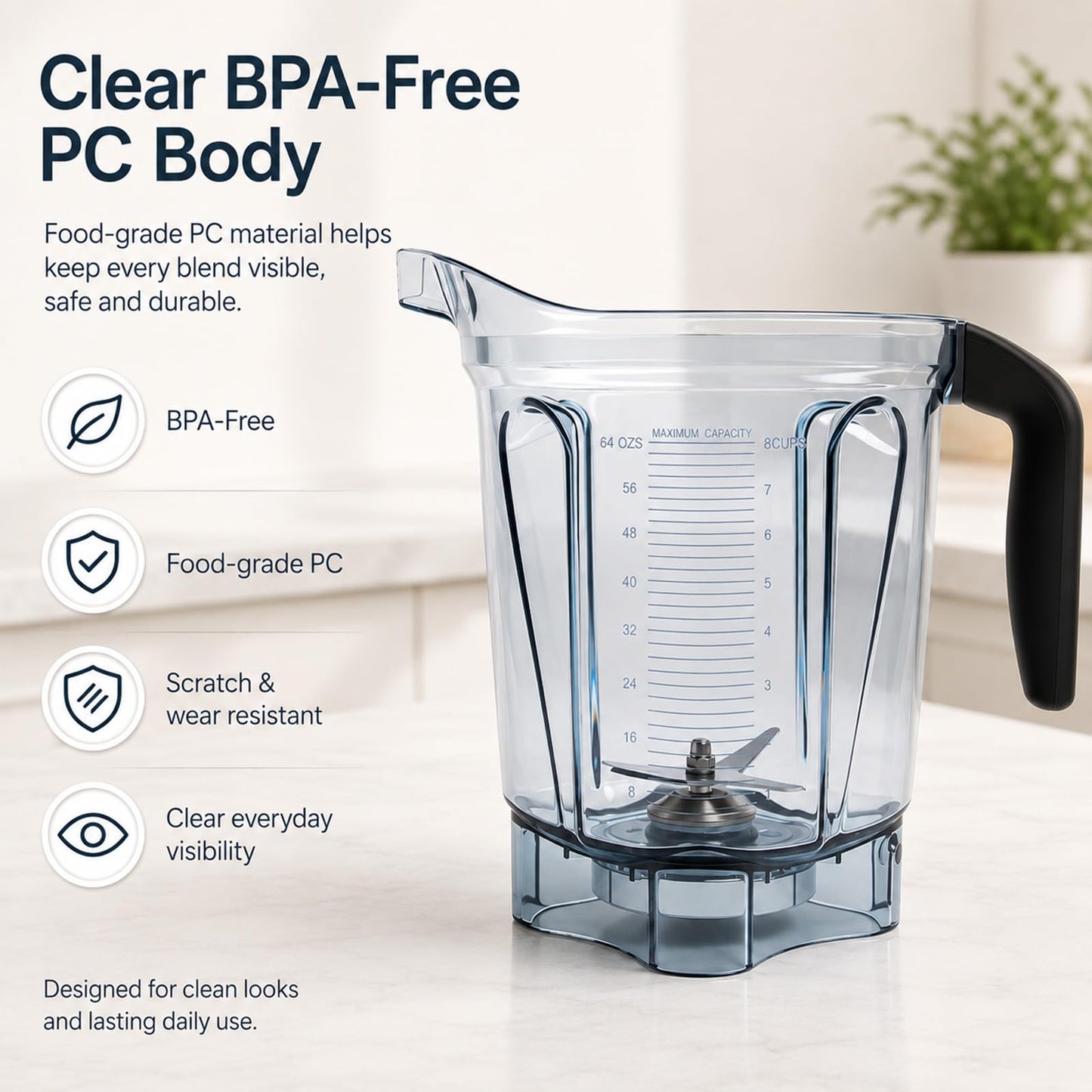 64oz Low-Profile Blender Pitcher Compatible with Vitamix 5200/7500/5000/6300/750/E310/VM0102/VM0103/VM0197- BPA-Free Container Jar Cup for Classic & Explorian Series Etc