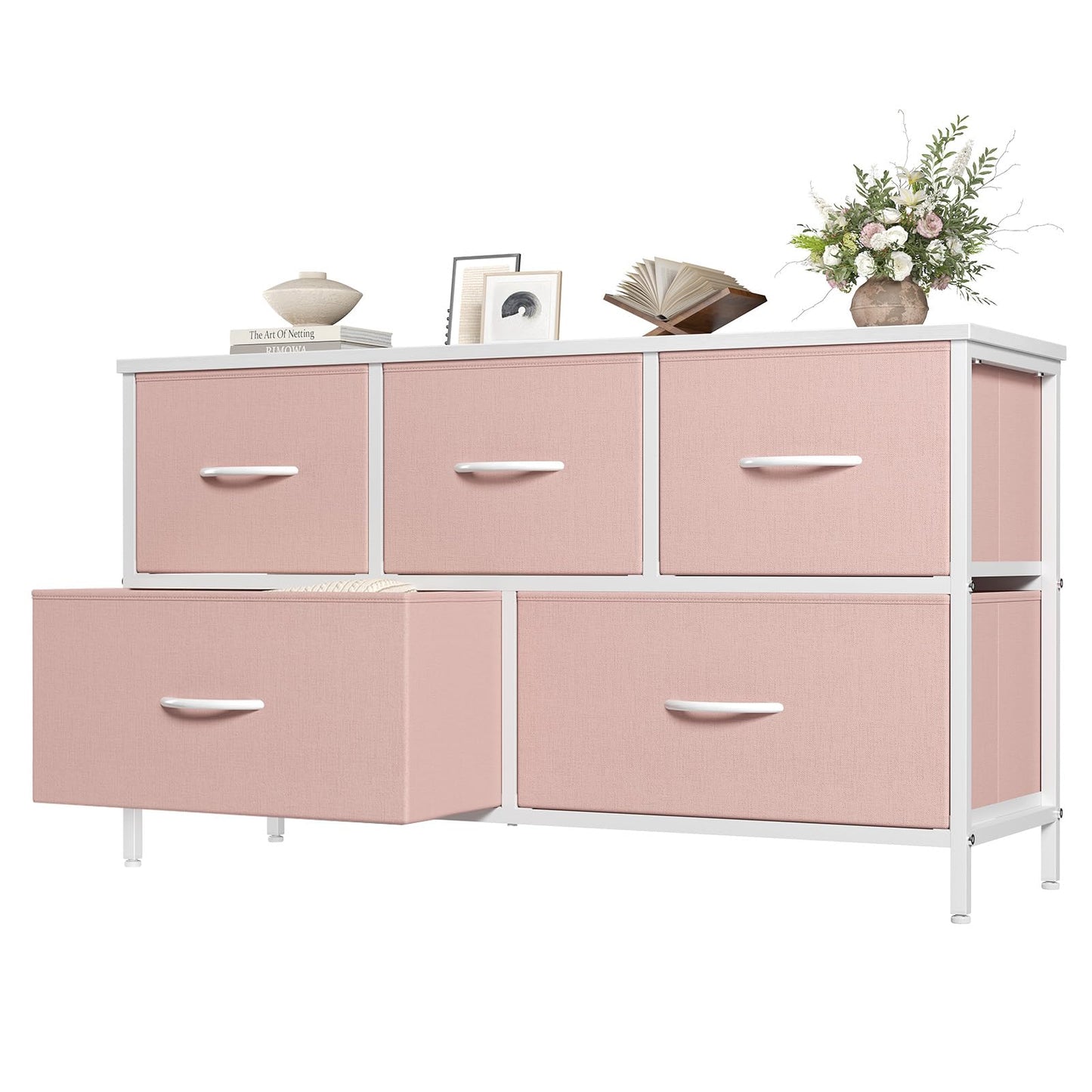 OLIXIS Dresser for Bedroom with 5 Drawers, Wide Chest of Drawers, Fabric Bedroom Dresser with Drawer Organizer, Storage Organizer Unit with Fabric Bins for Closet, Living Room, Hallway, Pink