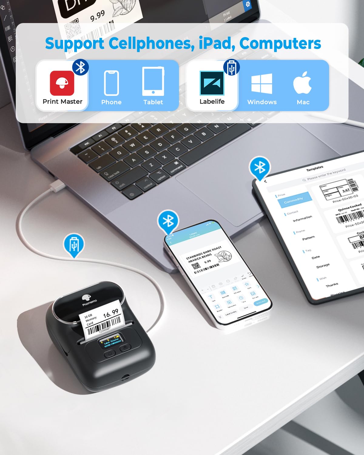 Phomemo Label Printer M110 Upgraded Label Maker Bluetooth No Ink Portable for Small Business, Address, Office, Home for Phone; for PC/Mac(USB), with 100 Labels, Ebony Black