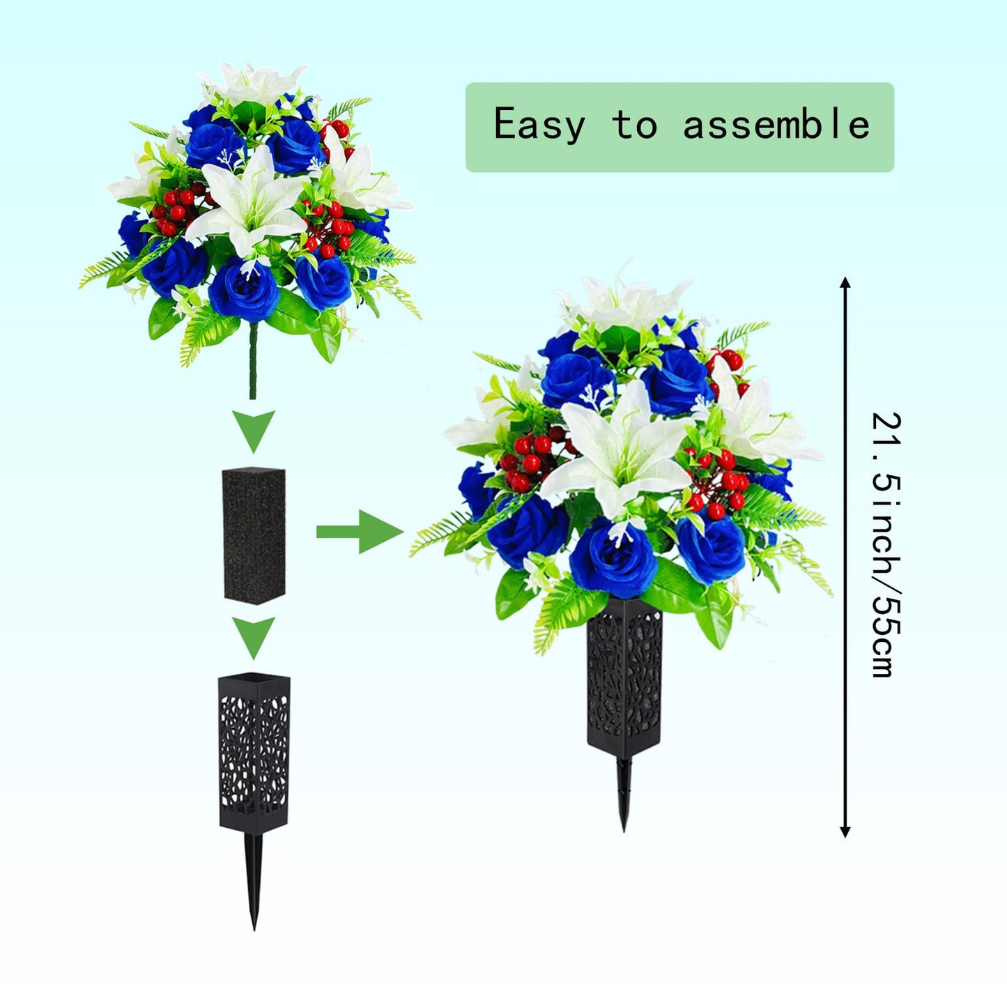 RUMEAVAO 2 Sets Artificial Silk Cemetery Flowers, Memorial Flowers for Gravesite, Blue & Yellow Roses Lily Bouquet, Memorial Day Mother's Day Grave Decorations