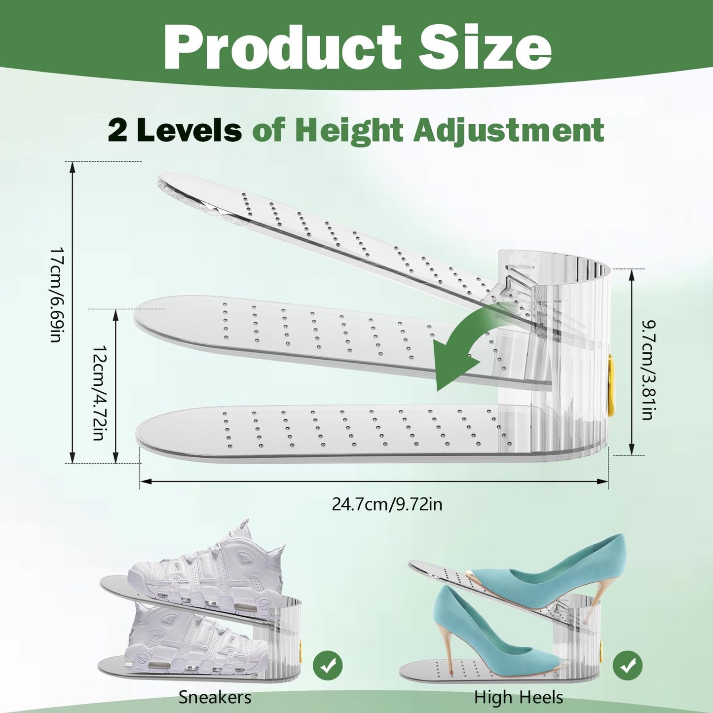 PureSprout Adjustable Slot Organizer for Pairs of Shoes, Space Saver, Double Deck Riser Rack, Closet Organizer (Clear, 20 Pack)