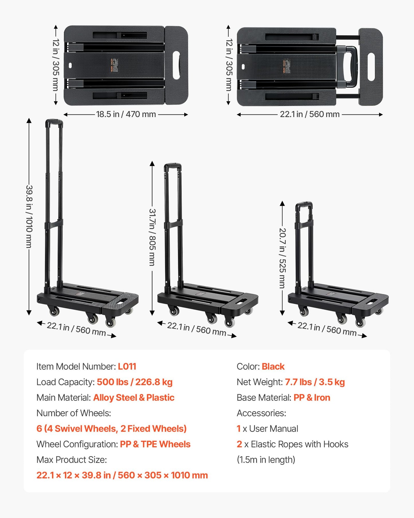VEVOR Folding Hand Truck, 500 lbs Load Capacity, Collapsible Luggage Cart with 6 Wheels, 2 Elastic Ropes & Expandable Base, Utility Dolly Platform Cart for Airport Travel Luggage Office Moving, Black